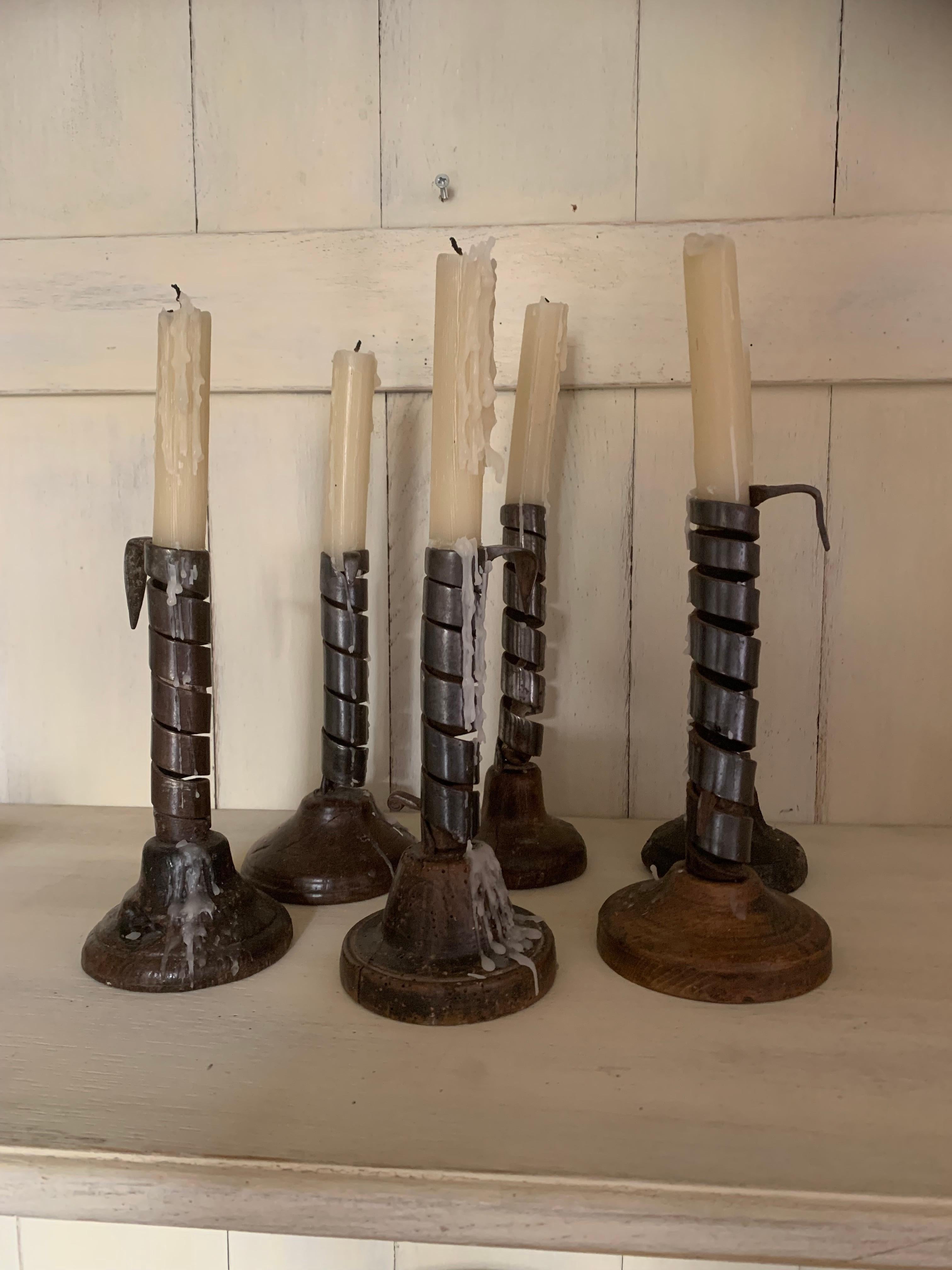 Set of 6 19th Century Iron and Wood Candlestick Holders 3
