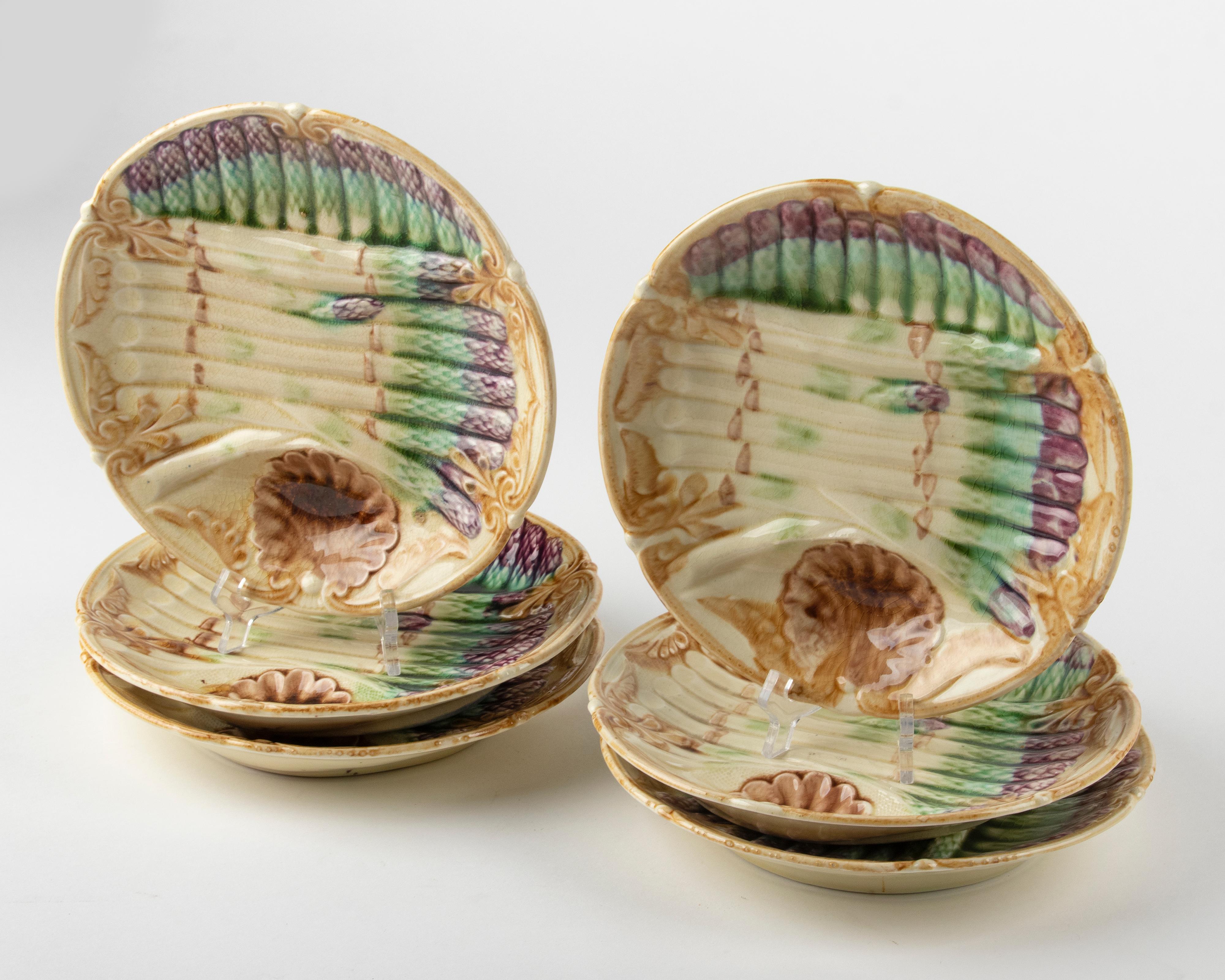 Late 19th Century Set of 6 19th Century Majolica Asparagus Plates, Onnaing Faiencerie For Sale