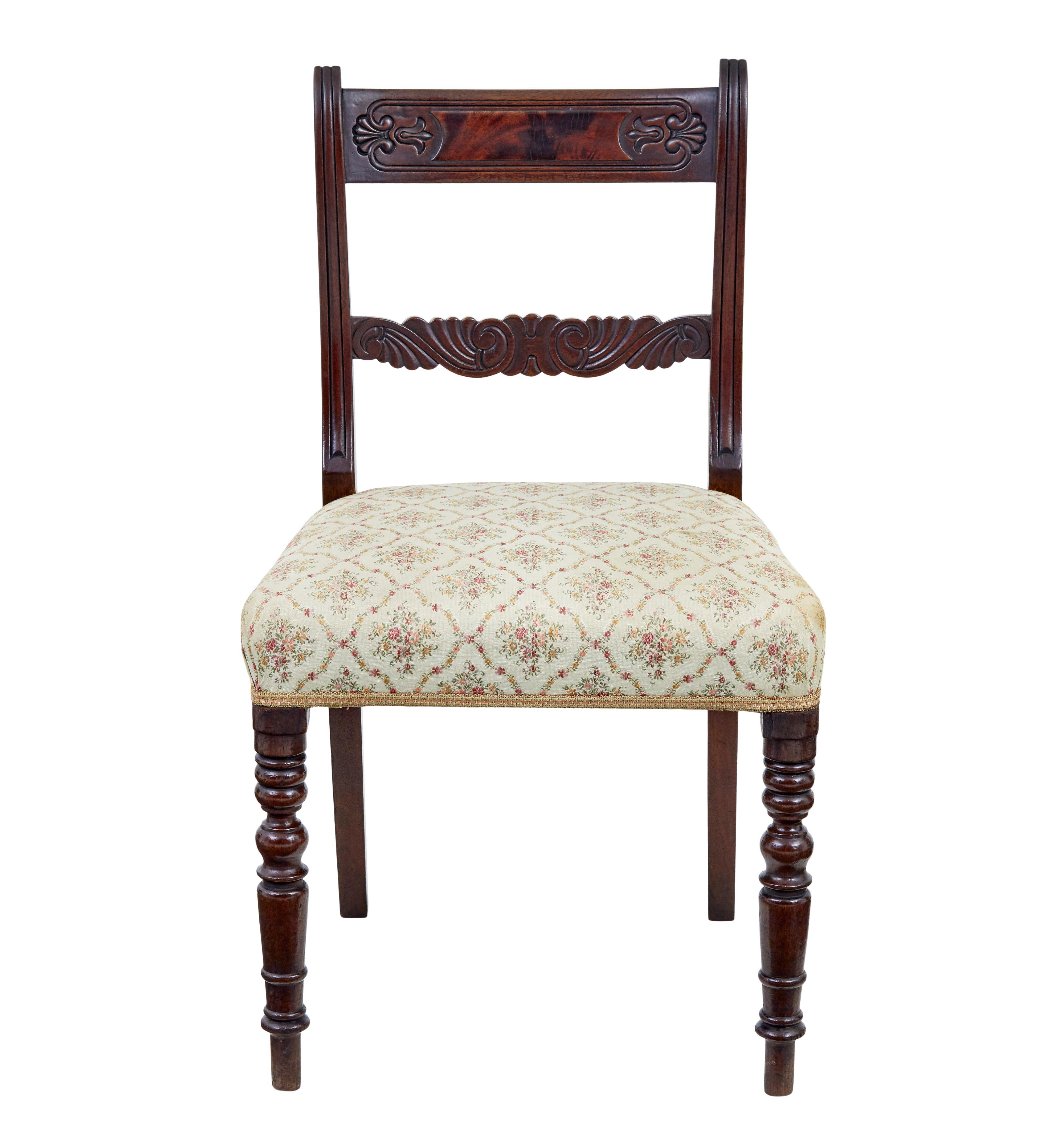 Set of 19th century regency mahogany dining chairs circa 1820.

Good quality set of 6 regency dining chairs, made in fine mahogany. Carved back rests with further carved support rail and channeled detailing. Overstuffed seats. Standing on front