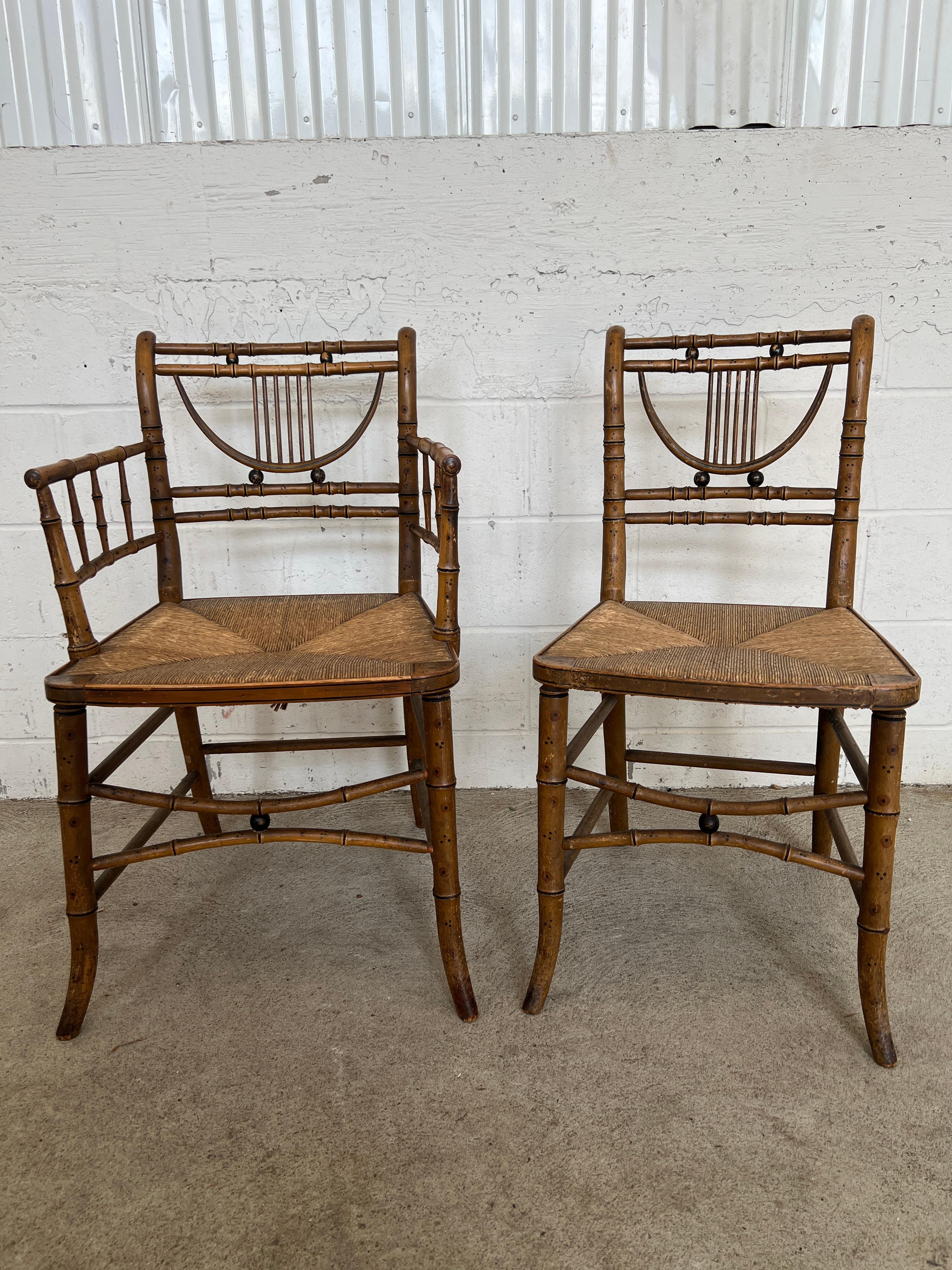 American Set of 6, 19th Century Simulated Bamboo Original Paint Primitive Dining Chairs