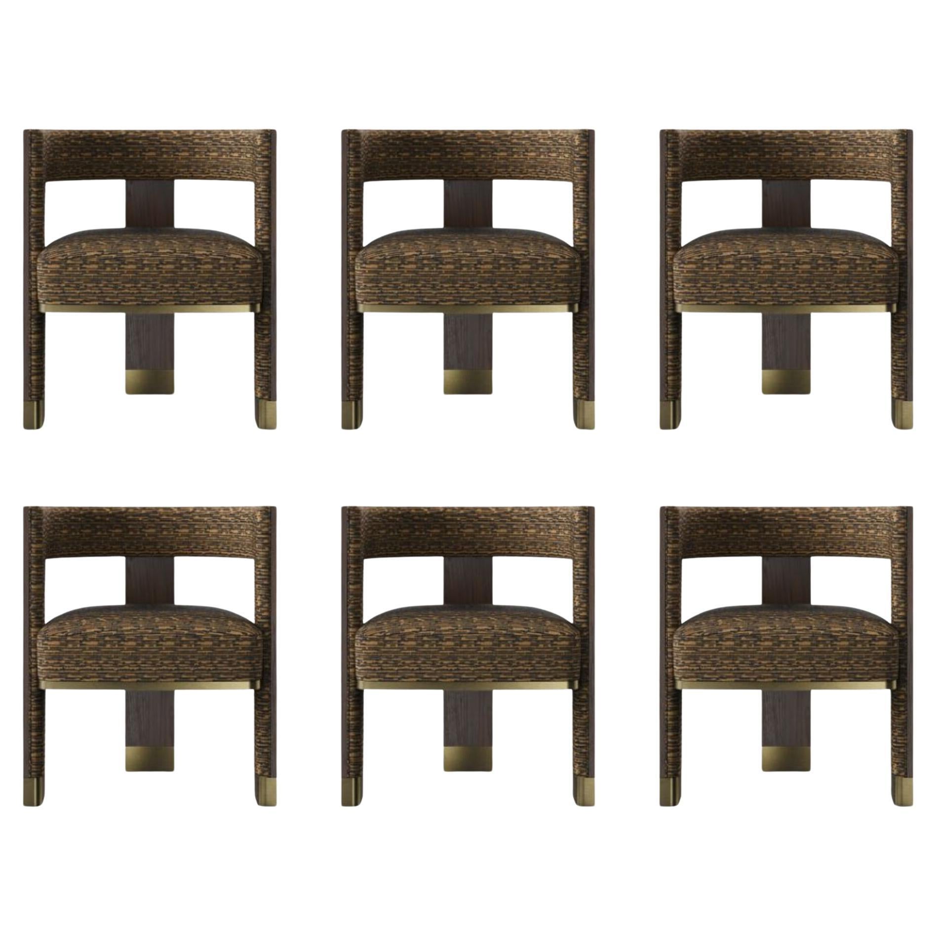 Juego de 6 Silla de Comedor Brooklyn Siglo XXI Nogal Negro Lino Latón