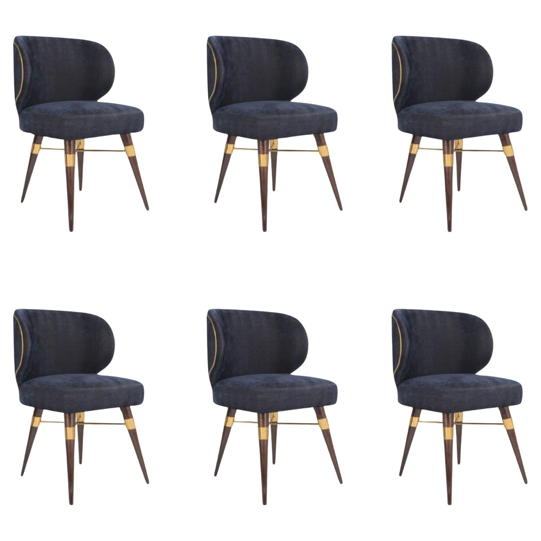 Set of 6 21st Century Jacquard Velvet Louis Dining Chair Brass Wood by Ottiu For Sale