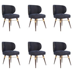 Set of 6 21st Century Jacquard Velvet Louis Dining Chair Brass Wood by Ottiu