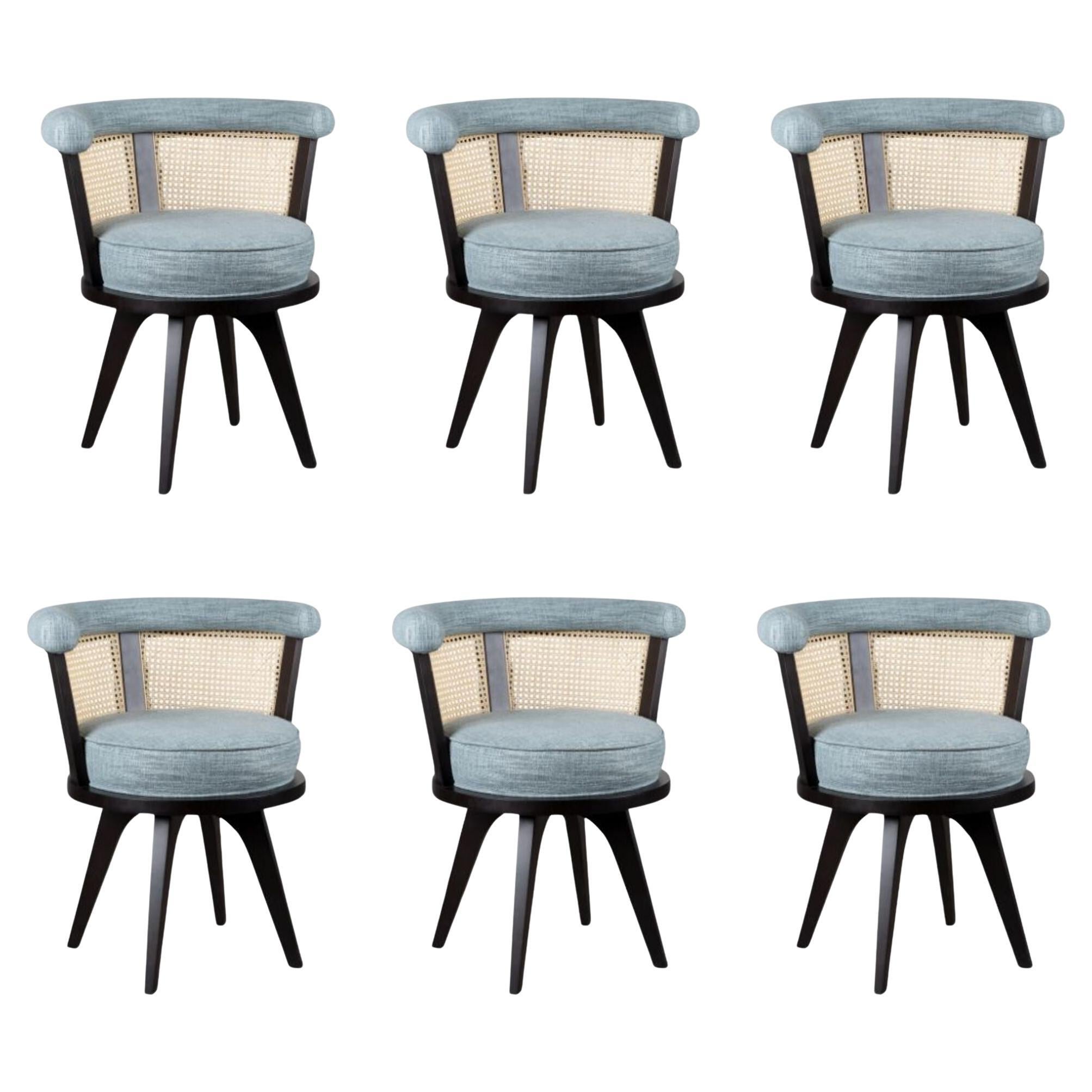 Set of 6 21st Century Leather Velvet Rattan George Dining Chair Oak For Sale