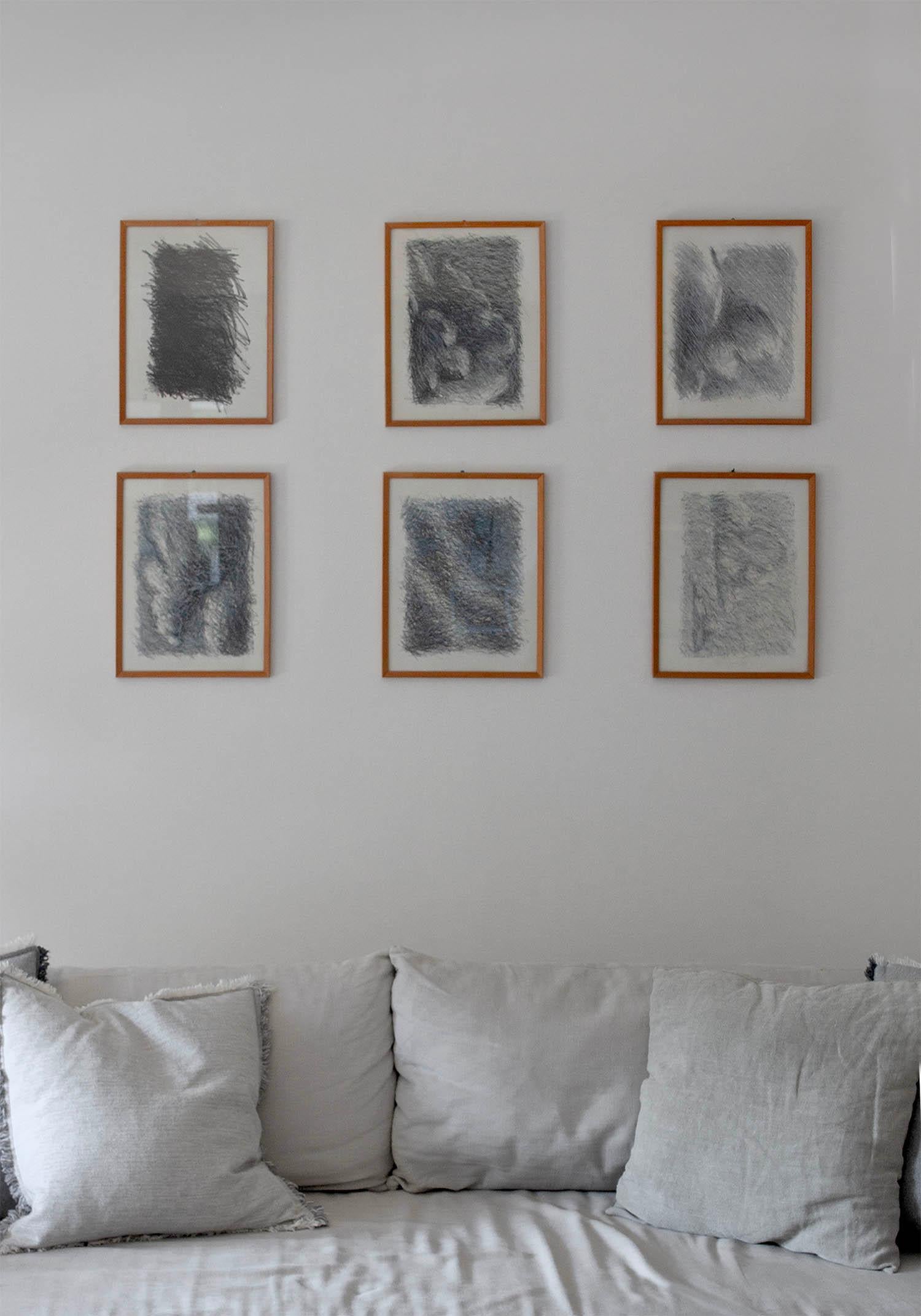 Modern Set of 6 Abstract Pencil on Paper Shaded Line Drawings For Sale