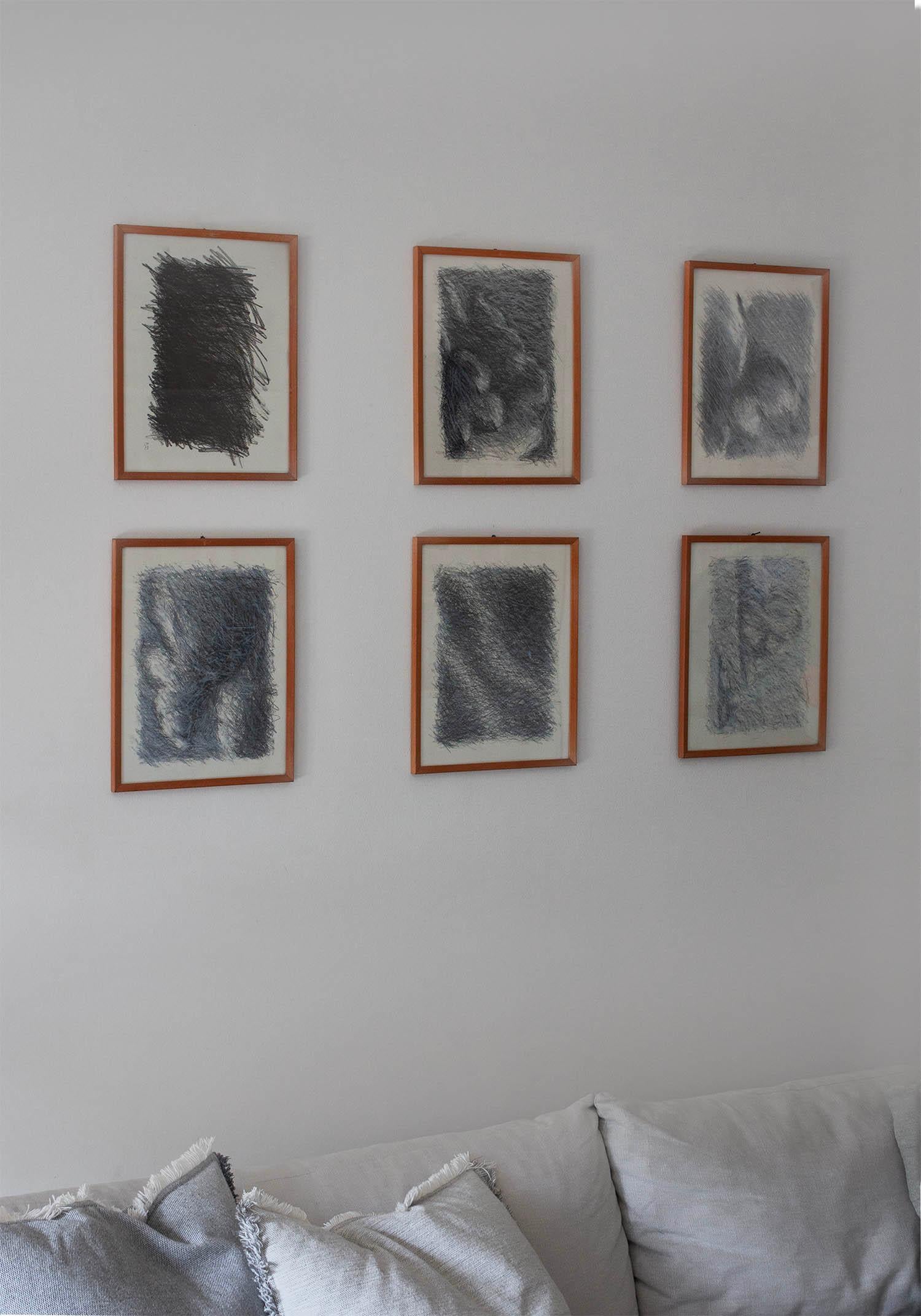 German Set of 6 Abstract Pencil on Paper Shaded Line Drawings For Sale