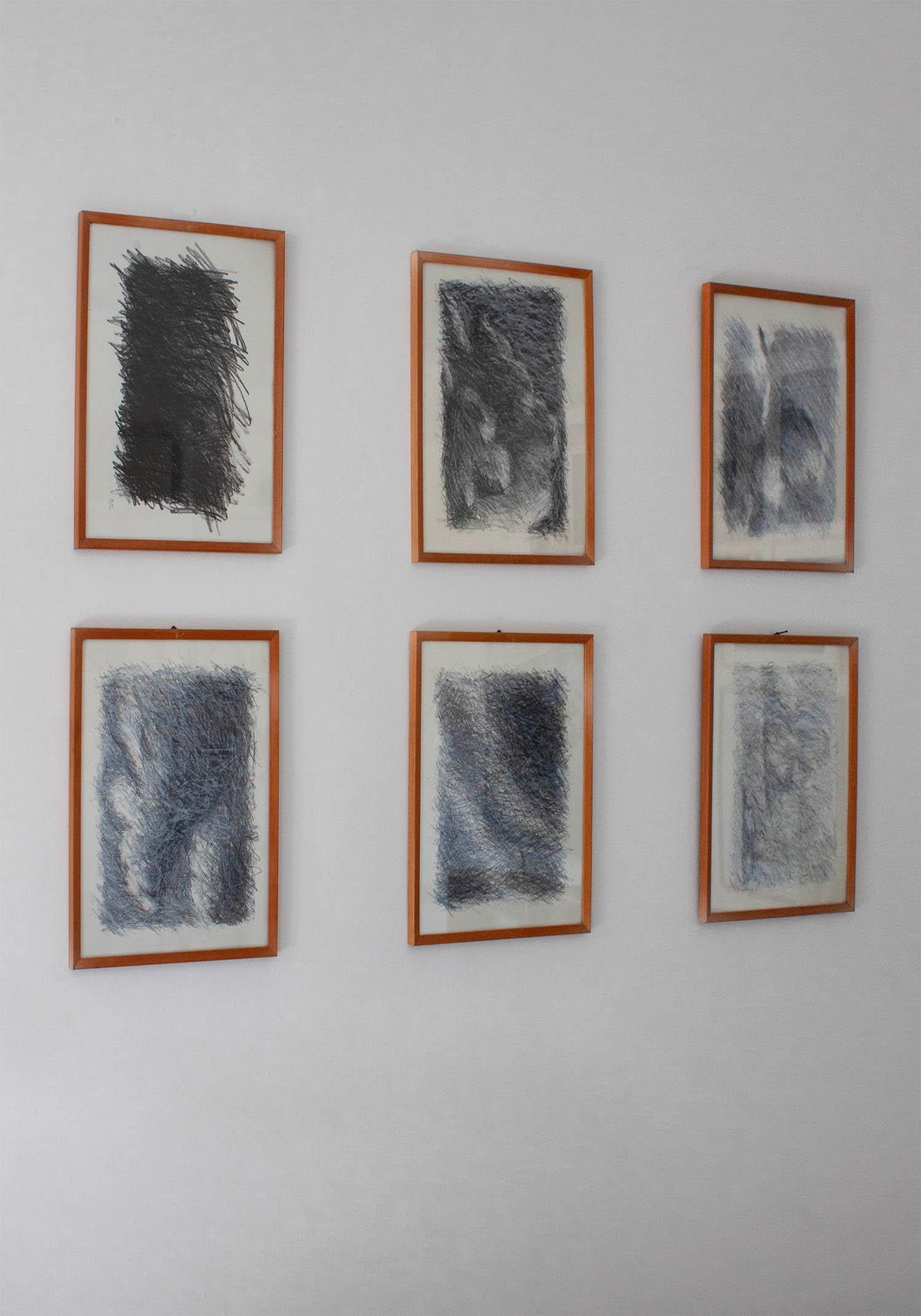 Set of 6 Abstract Pencil on Paper Shaded Line Drawings In Good Condition For Sale In Rümmingen, BW