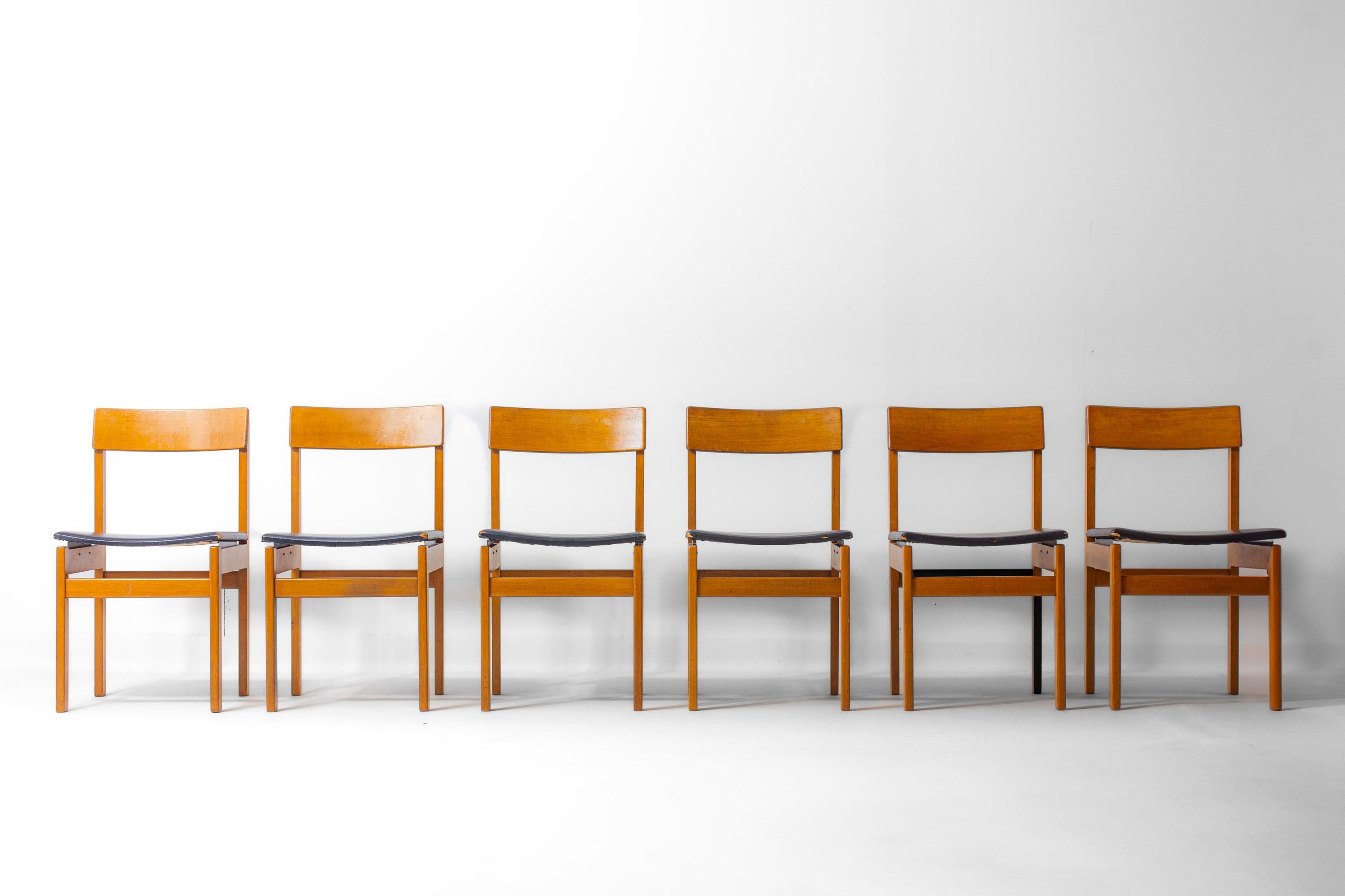 Mid-Century moderno Set di 6 sedie da pranzo 'Abstracta' in faggio di Jos De Mey, Belgio, anni '60 in vendita