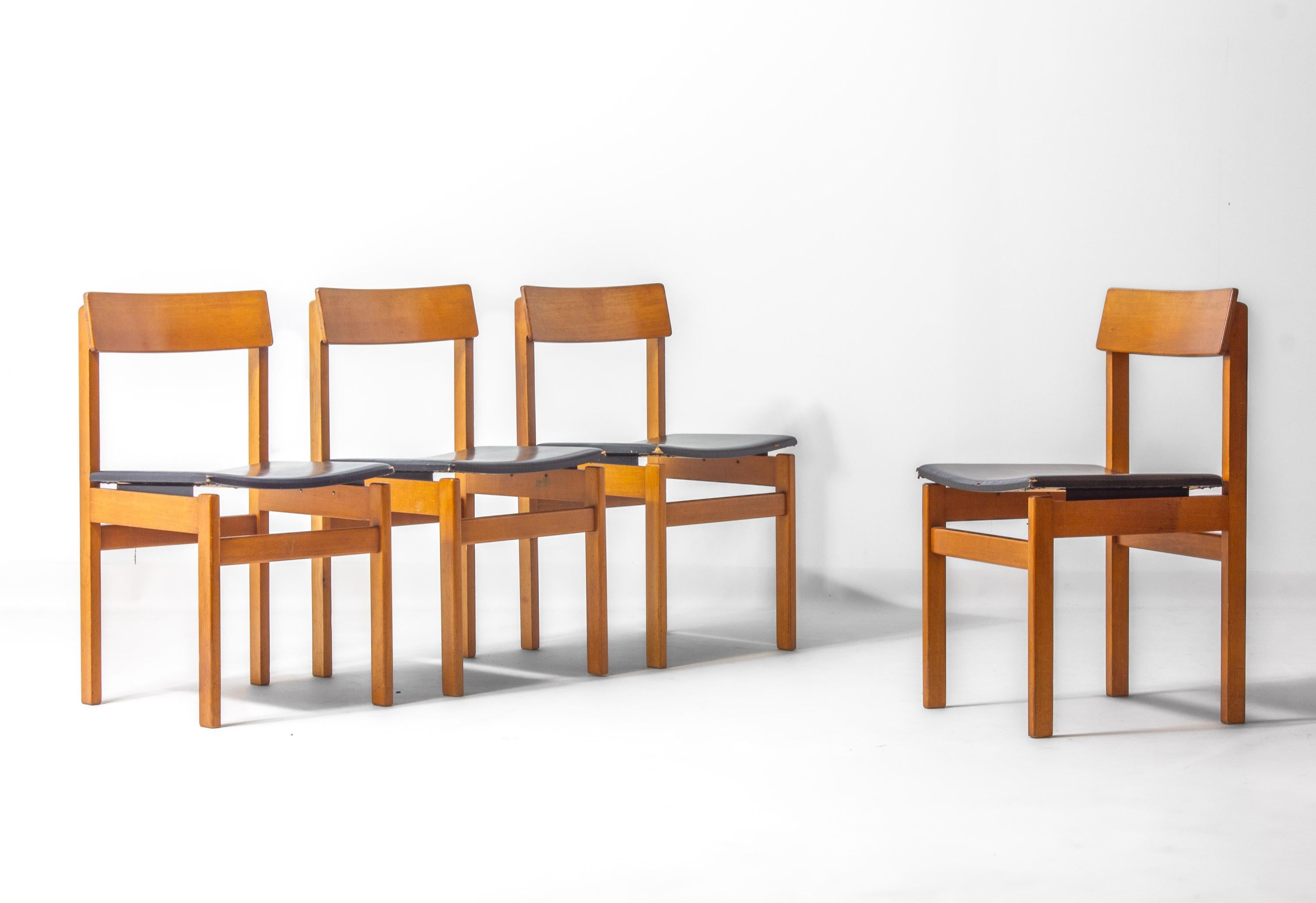 Set di 6 sedie da pranzo 'Abstracta' in faggio di Jos De Mey, Belgio, anni '60 In condizioni discrete in vendita a Antwerpen, VAN