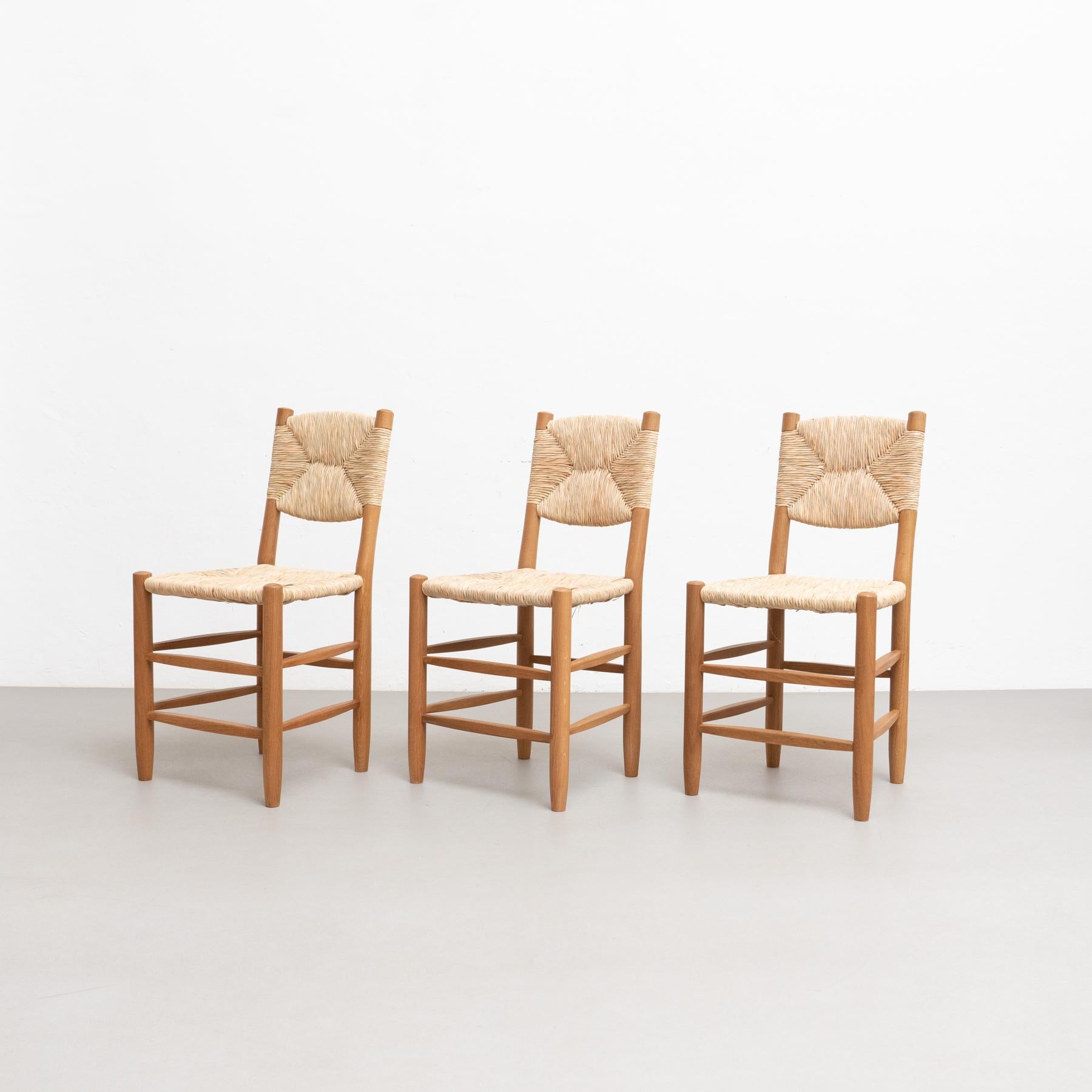 Set of 6 After Charlotte Perriand n.19 Chairs, Wood Rattan, Mid-Century Modern For Sale 5