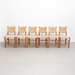 Set of 6 After Charlotte Perriand n.19 Chairs, Wood Rattan, Mid-Century Modern