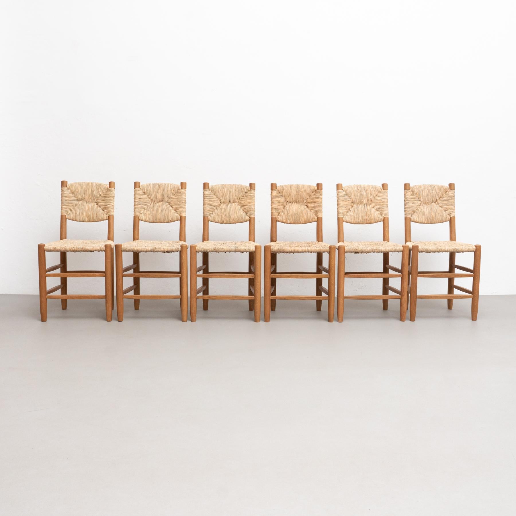 French Set of 6 After Charlotte Perriand n.19 Chairs, Wood Rattan, Mid-Century Modern For Sale