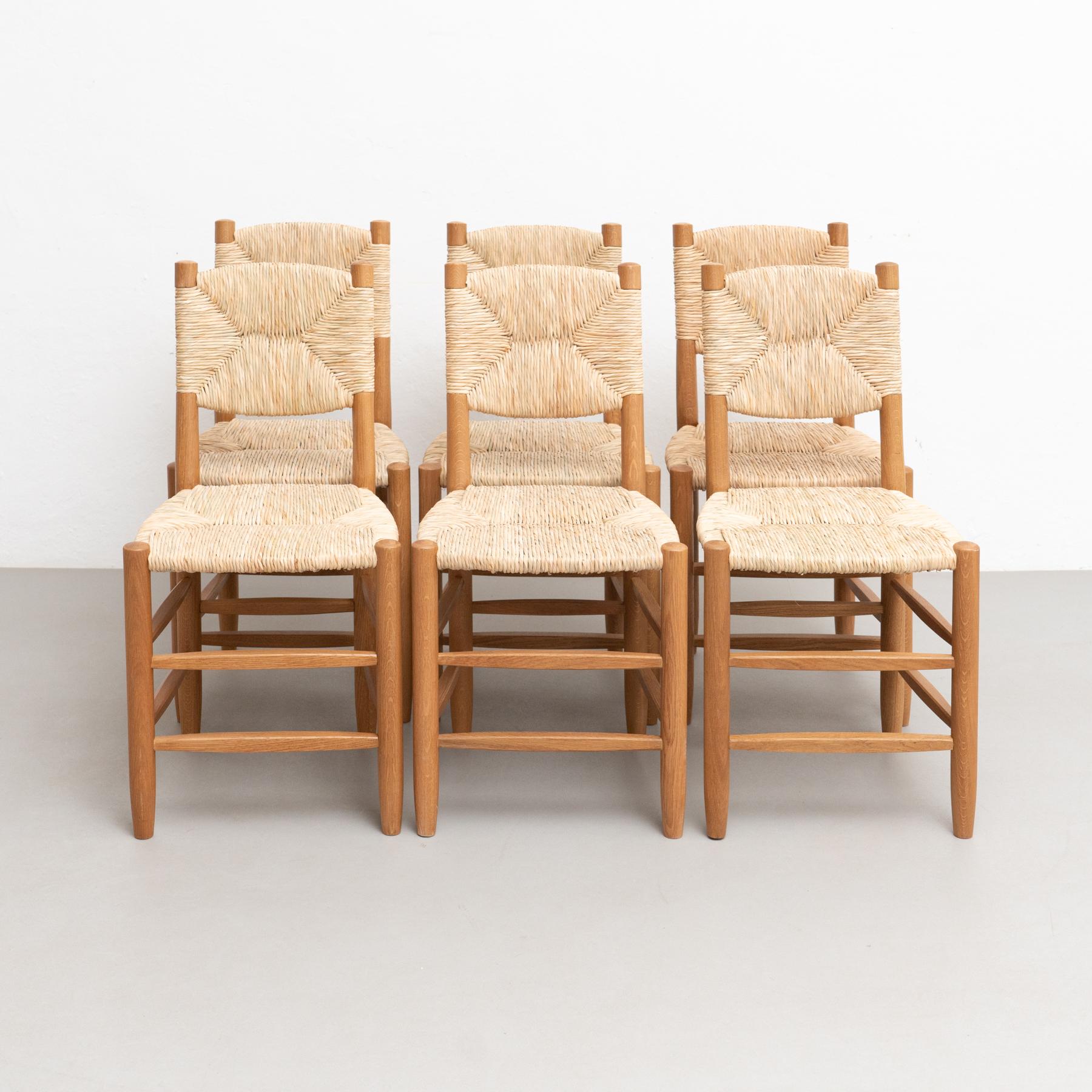 Set of 6 After Charlotte Perriand n.19 Chairs, Wood Rattan, Mid-Century Modern For Sale 4