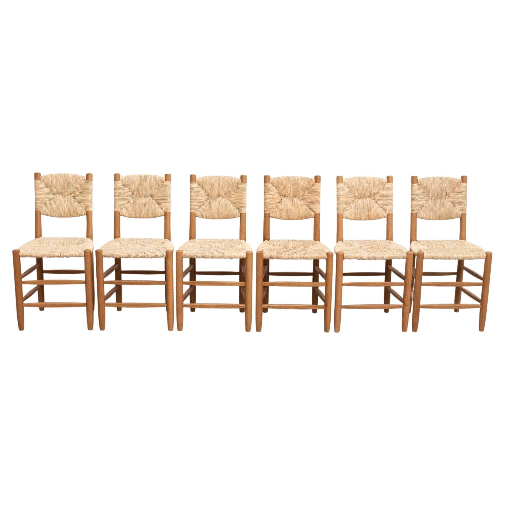 Set of 6 After Charlotte Perriand n.19 Chairs, Wood Rattan, Mid-Century Modern