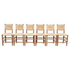 Set of 6 After Charlotte Perriand n.19 Chairs, Wood Rattan, Mid-Century Modern