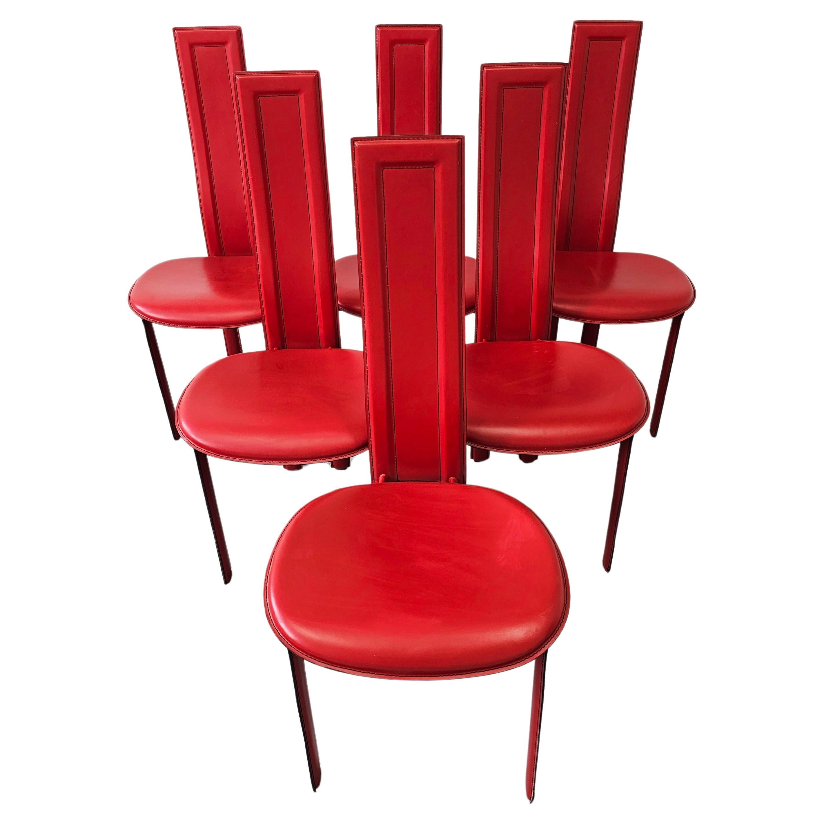 Set of 6 "Alice" Dining Chairs by Giorgio Cattelan in red leather, Italy 1980s