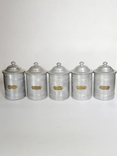 Set of 6 Aluminium Kitchen Canisters, French Provincial Style, France, 1950s