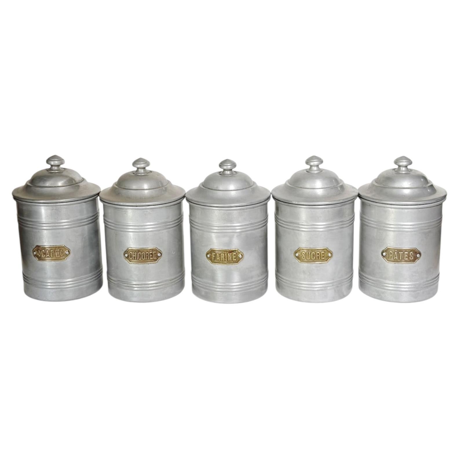 Set of 6 Aluminium Kitchen Canisters, French Provincial Style, France, 1950s