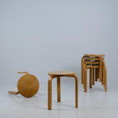 Set of 6 Alvar Aalto 3 Legged Stackable Birch Stools Model. 60, Artek 1930s