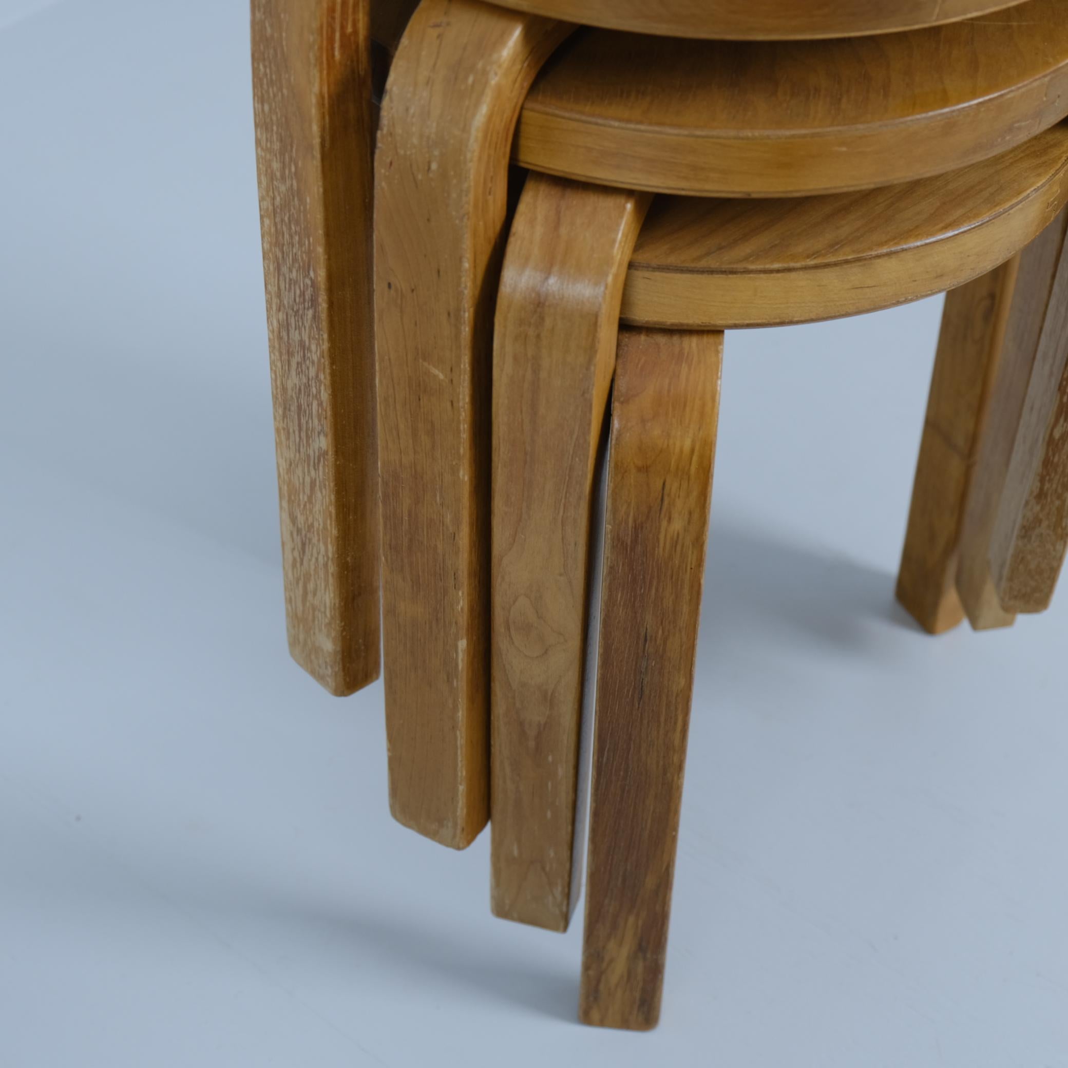 Finnish Set of 6 Alvar Aalto 3 Legged Stackable Birch Stools Model. 60, Artek 1930s For Sale