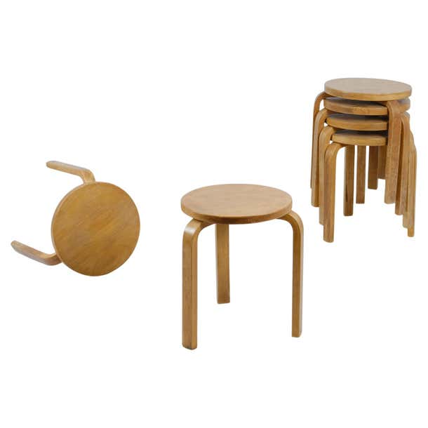 Set of 6 Alvar Aalto 3 Legged Stackable Birch Stools Model. 60, Artek ...