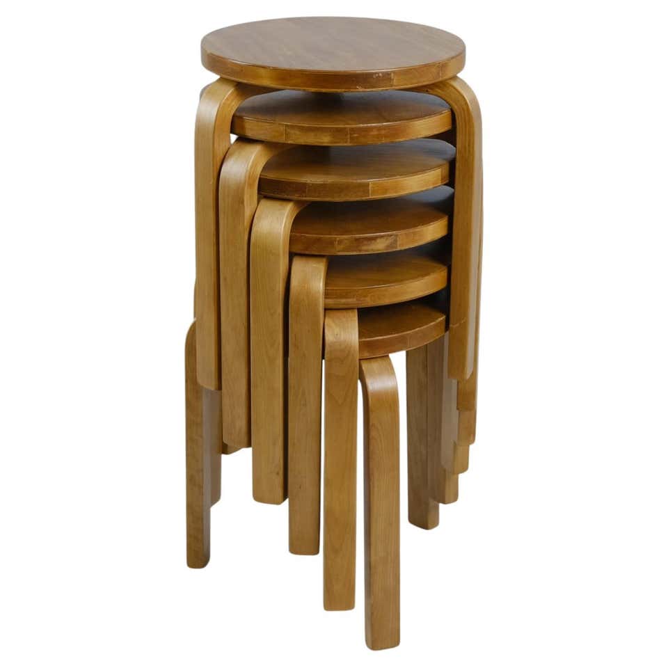 Set of 3 Alvar Aalto Stackable Stools Model 60, Marimekko Fabric, Artek ...