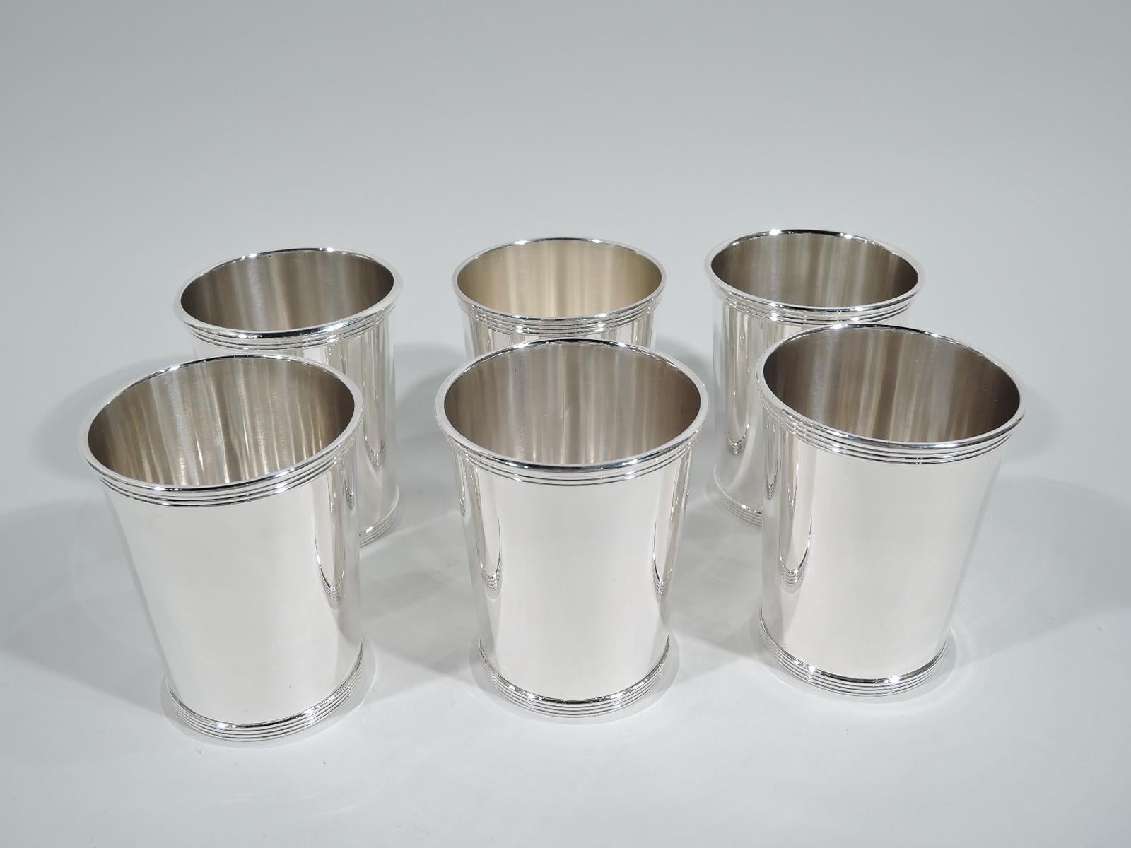 Set of 6 traditional sterling silver mint julep cups. Made by Alvin in Providence. Each: Straight and tapering sides, and reeded rim and base. Fully marked and numbered S251. Total weight: 22.5 troy ounces.