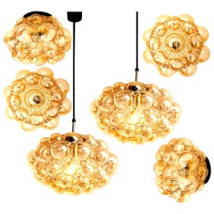 Set of 6 Amber Bubble Glass Pendant Light Fixtures by Helena Tynell, 1960