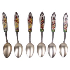 Set of 6 American Colonial Revival Powhatan & Pocahontas Enamel Spoons