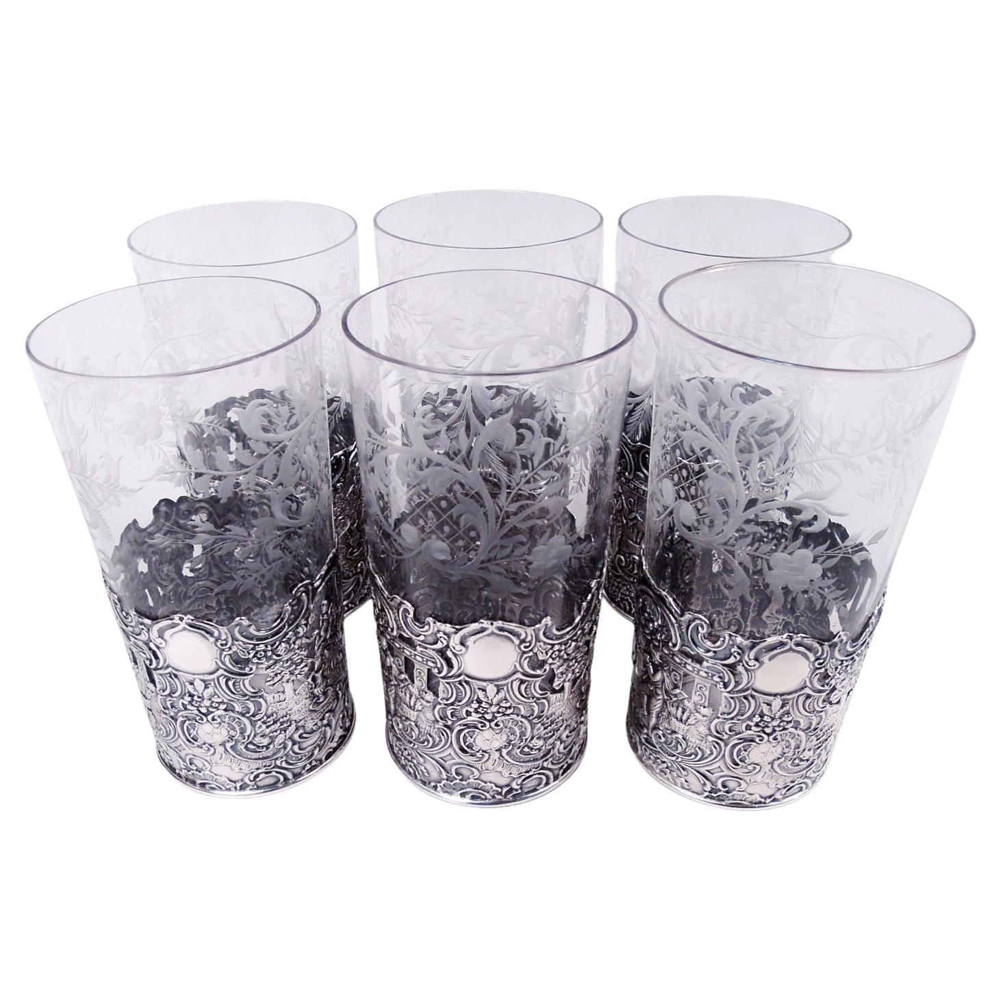 Juego de 6 portavasos americanos de plata de ley estilo Hanau