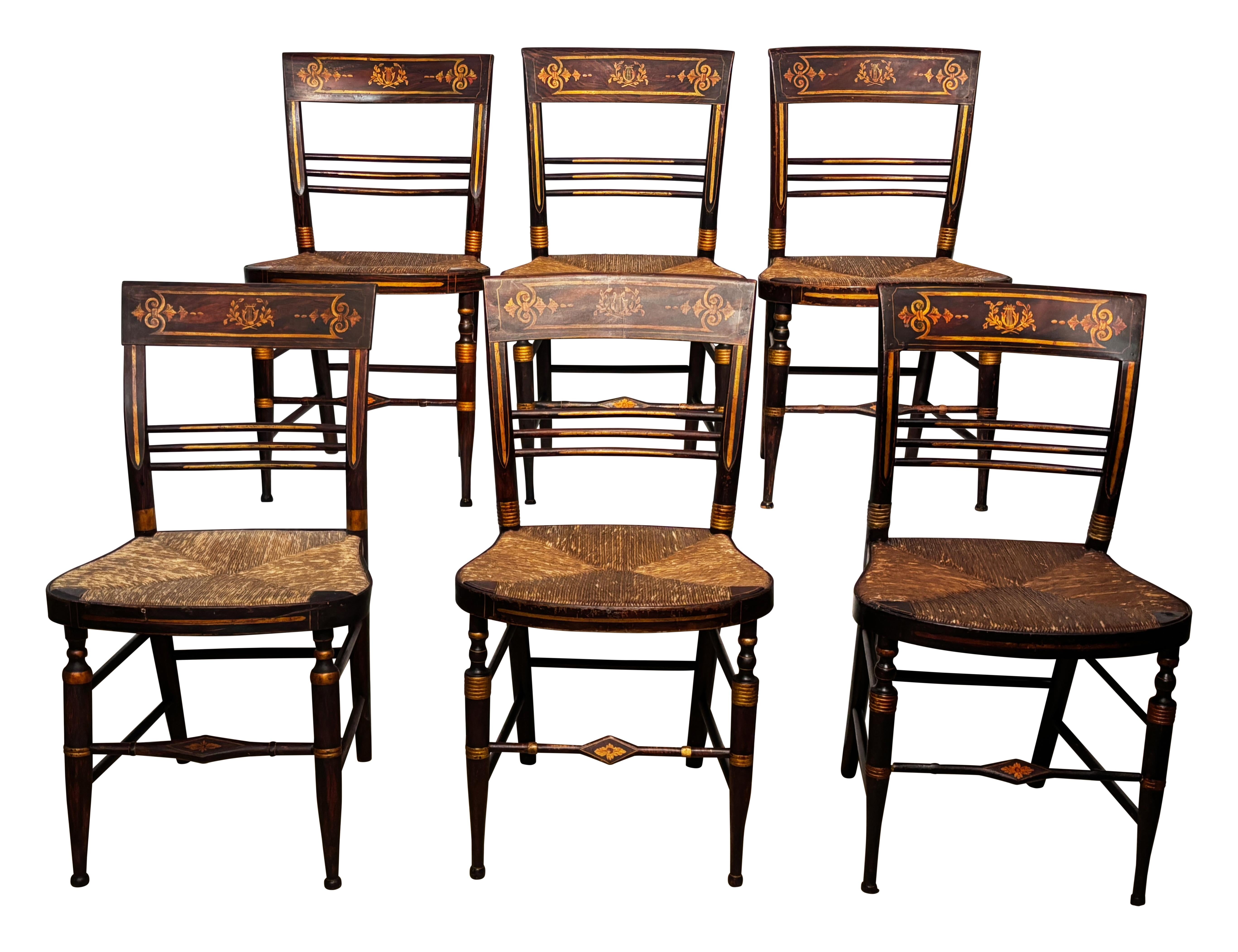 Américain Ensemble de 6 chaises américaines de style Hitchcock avec sièges en jonc tissé en vente
