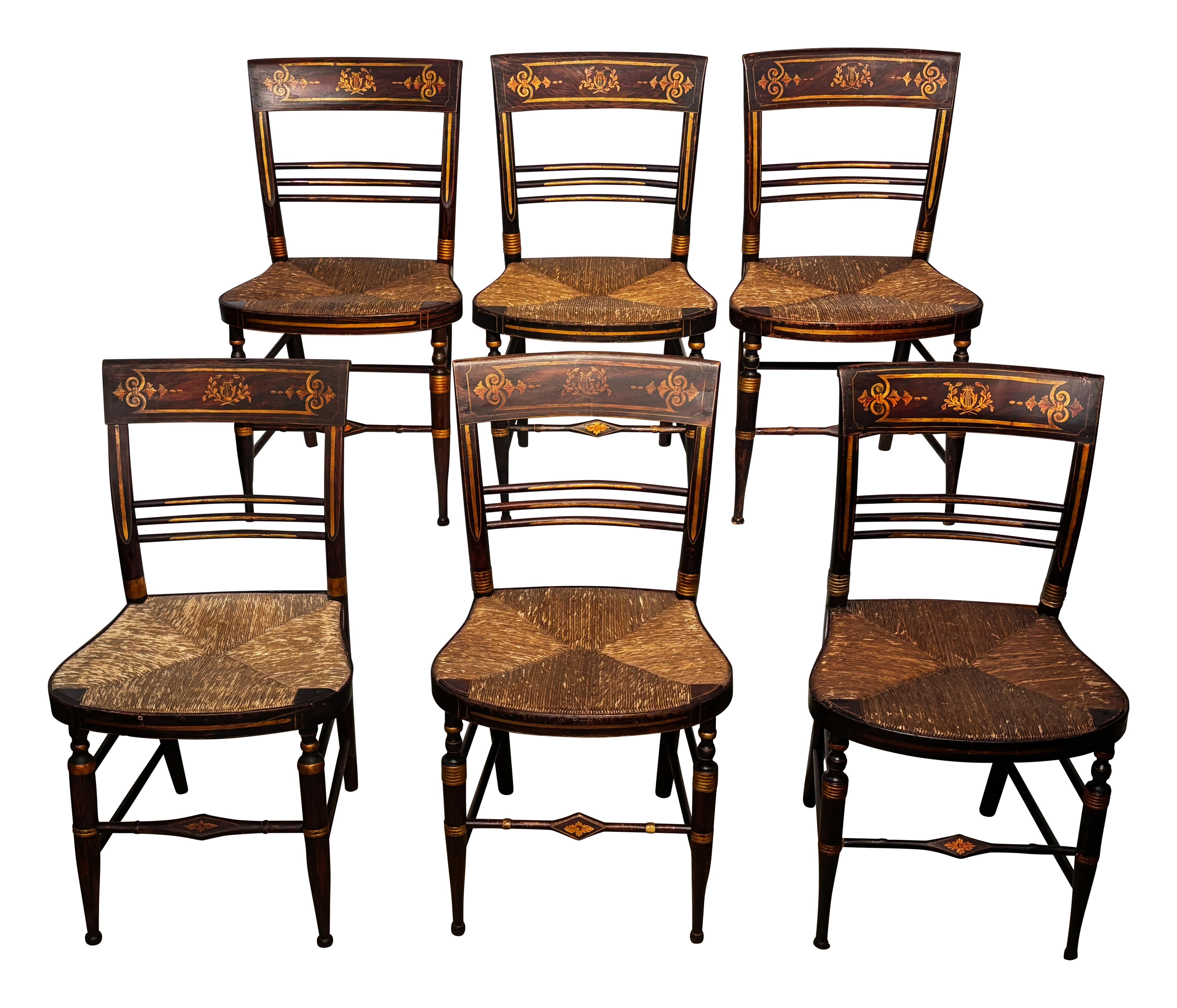 Ensemble de 6 chaises américaines de style Hitchcock avec sièges en jonc tissé Bon état - En vente à San Francisco, CA