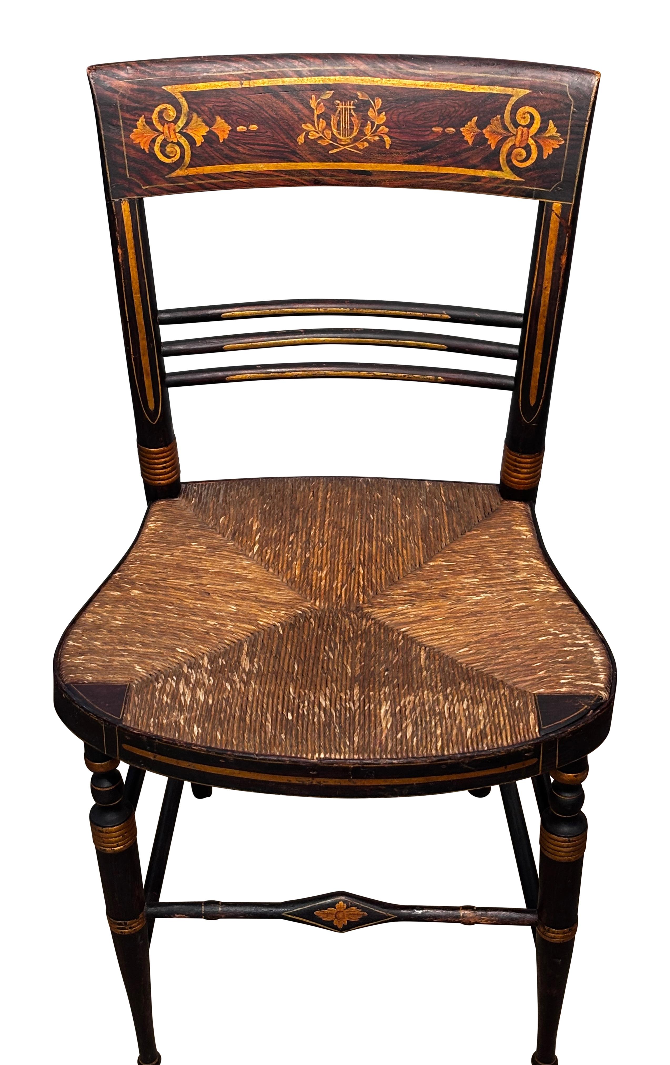 XIXe siècle Ensemble de 6 chaises américaines de style Hitchcock avec sièges en jonc tissé en vente
