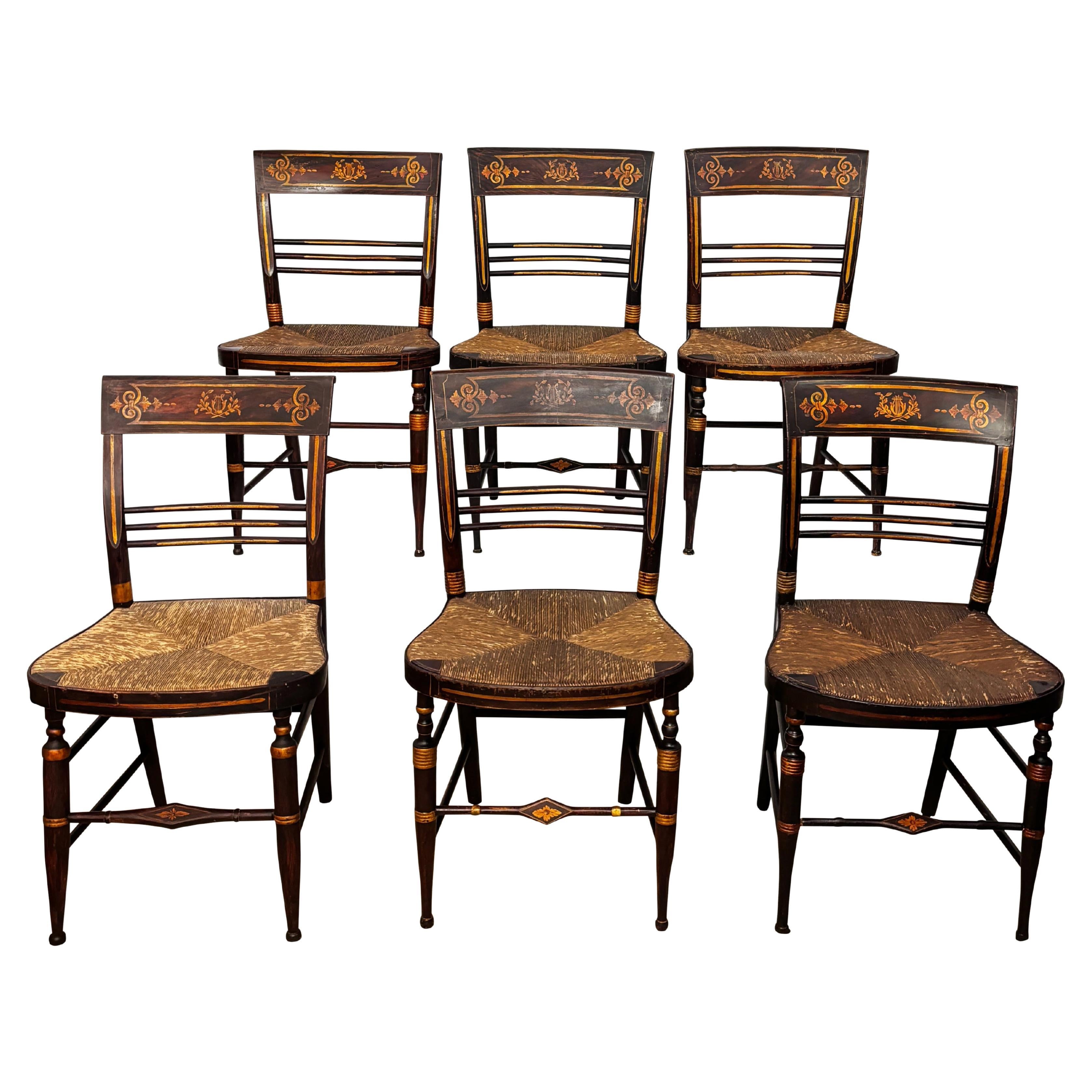 Set of 6 American Hitchcock Style Chairs with Woven Rush Seats
