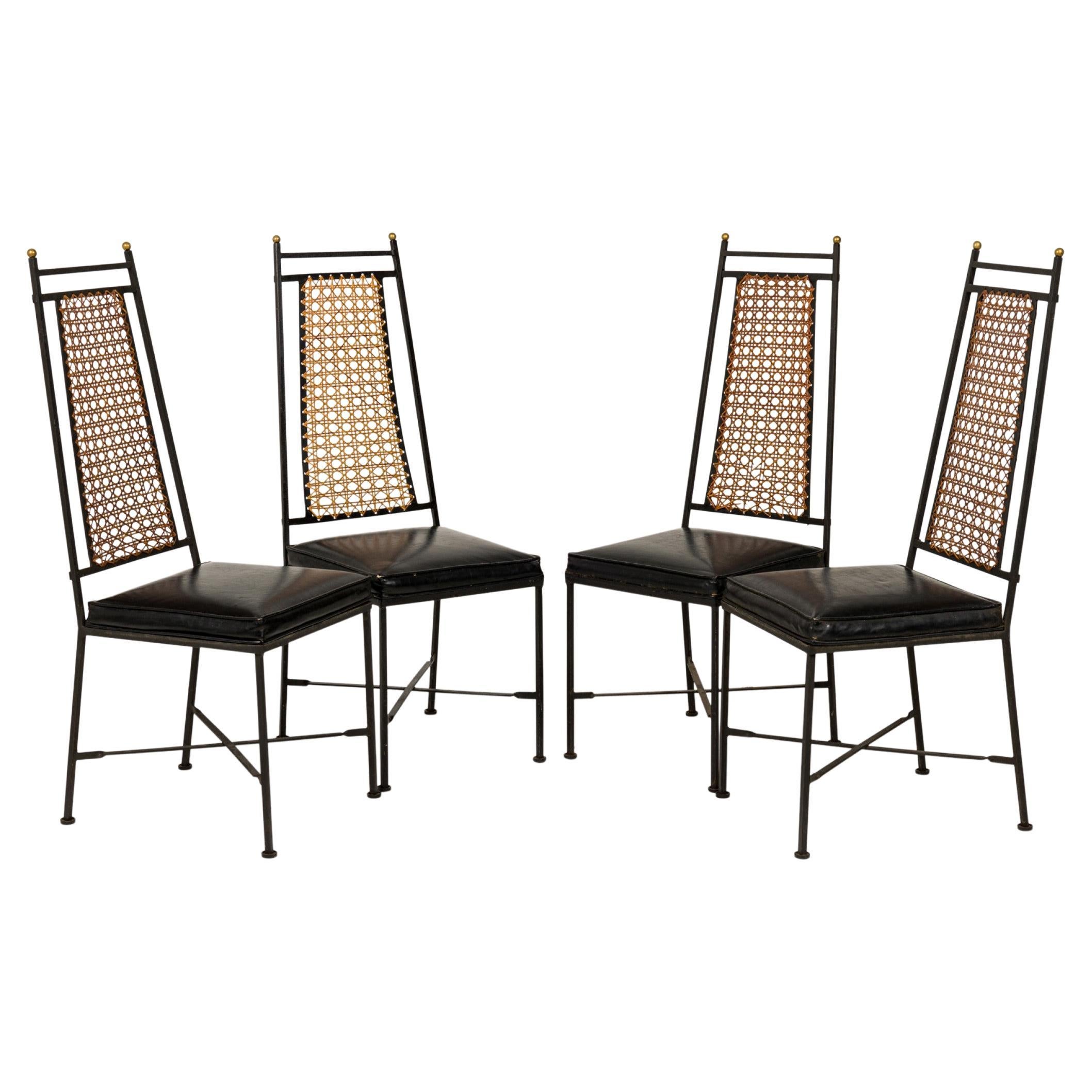 Set of 6 American Mid-Century Tapered Back Wrought Iron Caned Seat Dining / Side