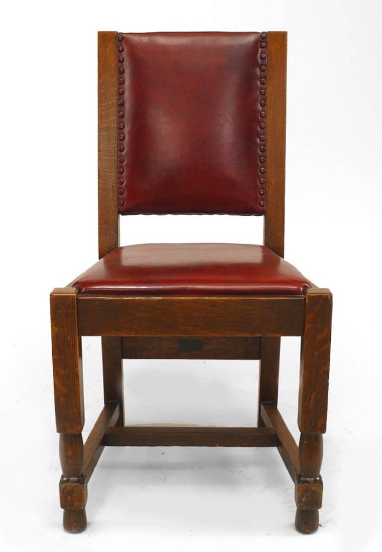Set of 6 American Mission oak side chairs with red leather seat and back (signed with metal tag: Quaint Furniture Stickley Bros. Co., Grand Rapids, Mich.) (PRICED AS SET).
