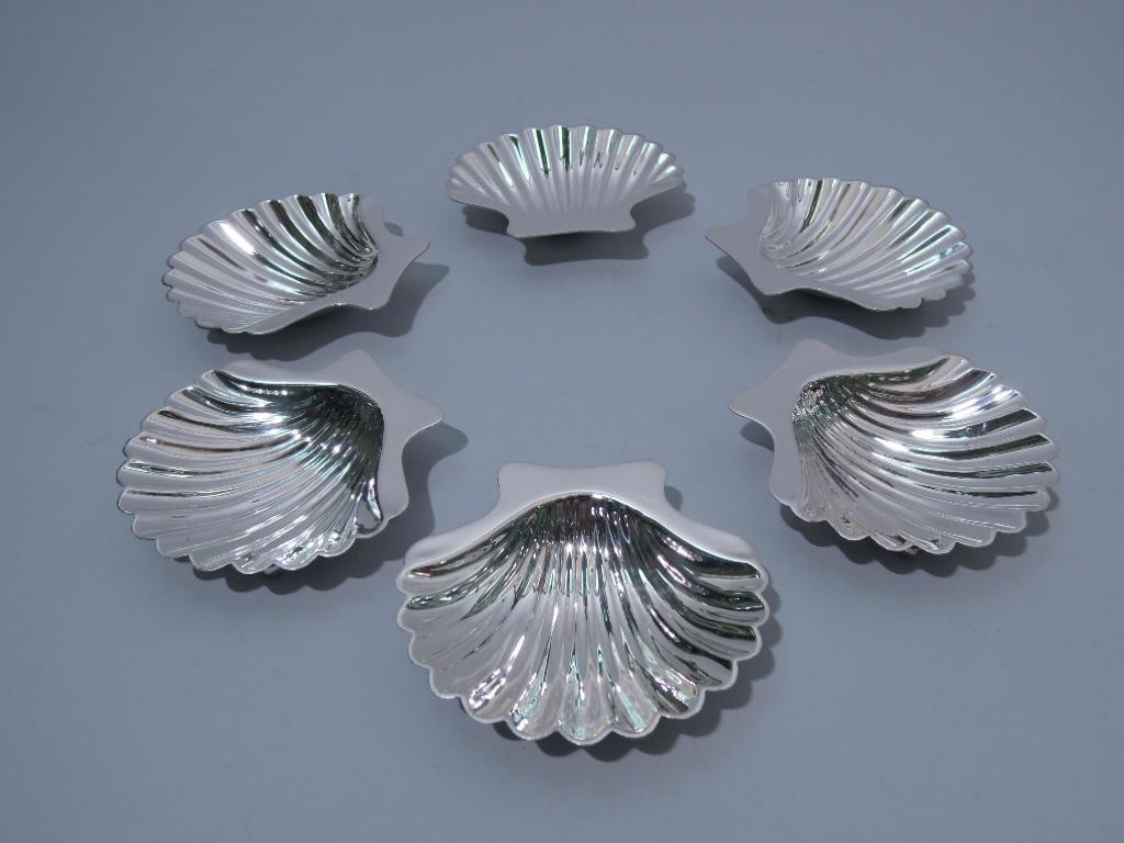 Set of 6 American Modern sterling silver scallop shell nut dishes. Each: Well-defined flutes and plain 