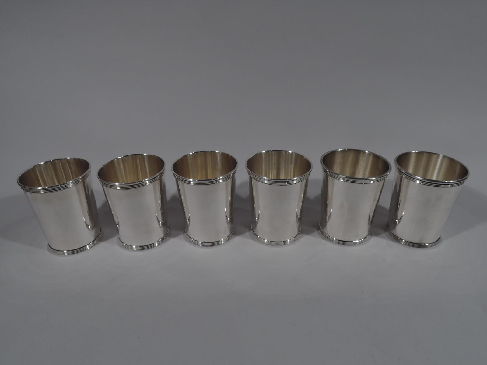 Set of 6 sterling silver mint julep cups. Made by Alvin in Providence. Each: Straight and tapering sides. Reeded rim and foot. A great starter set. Fully marked and numbered S251. Total weight: 22 troy ounces.