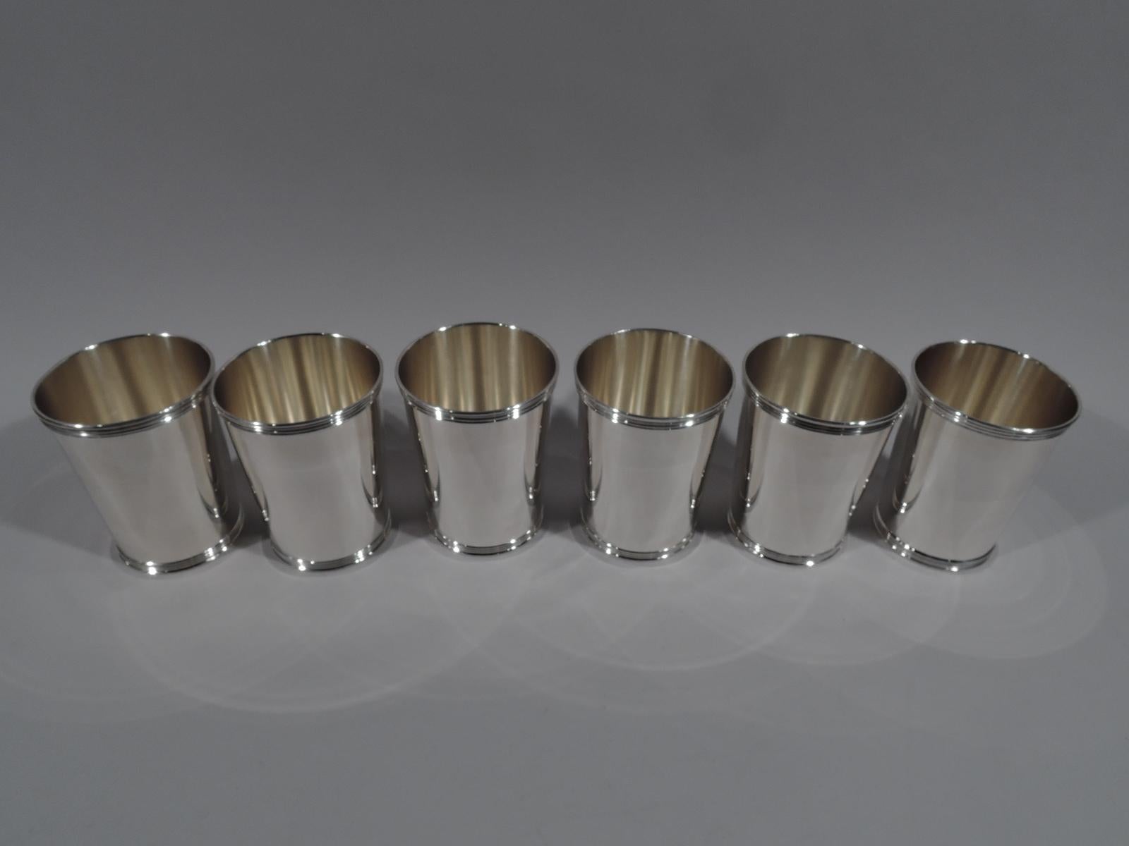 Set of 6 sterling silver mint julep cups. Made by Manchester in Providence. Each: Straight and tapering sides, and reeded rim and base. A greater starter set or addition to the family collection. Fully marked and numbered 3759S. Total weight: 26