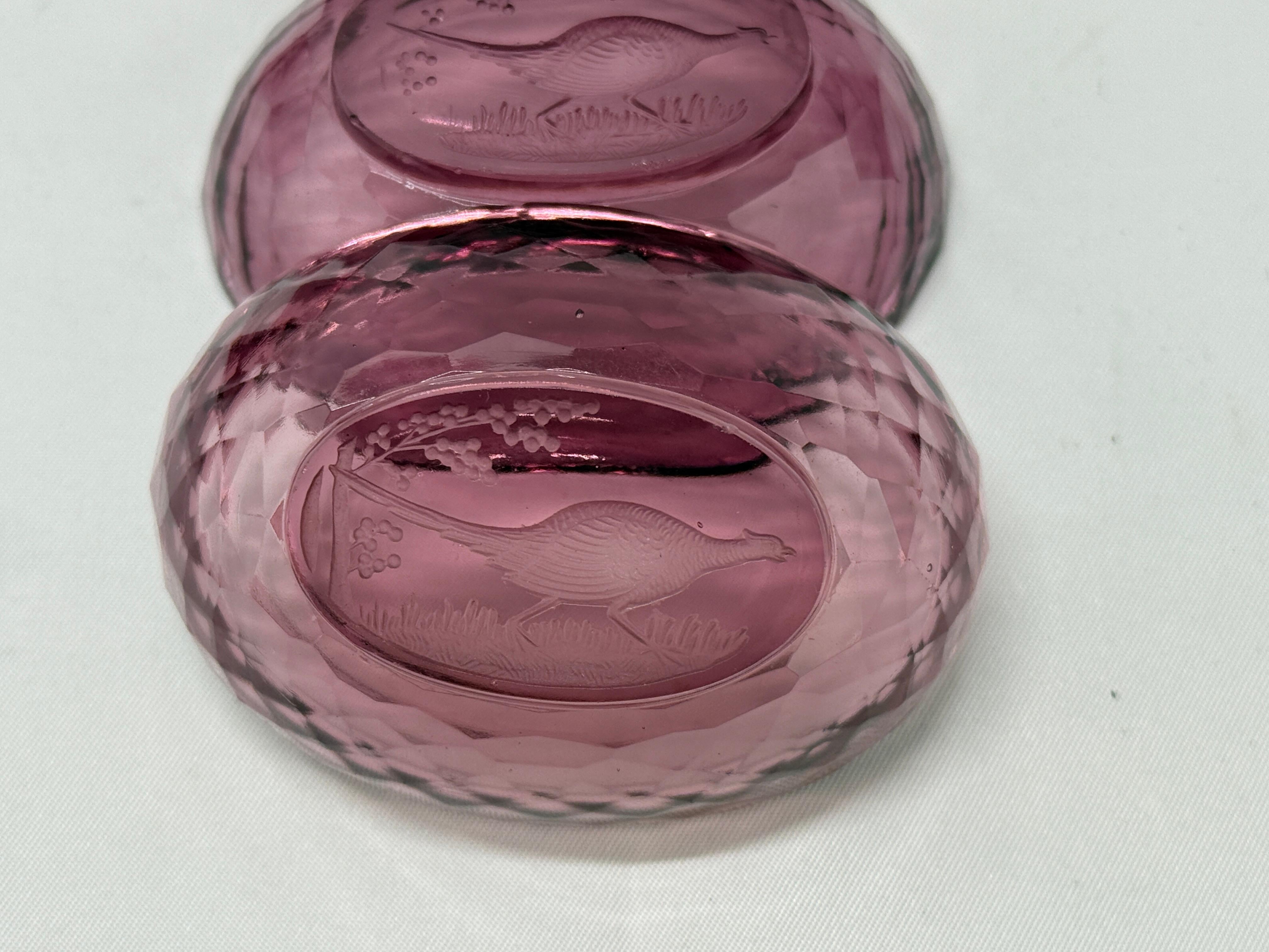 English Set of 6, Amethyst Glass Intaglio Pheasant Cut Open Salt Cellars