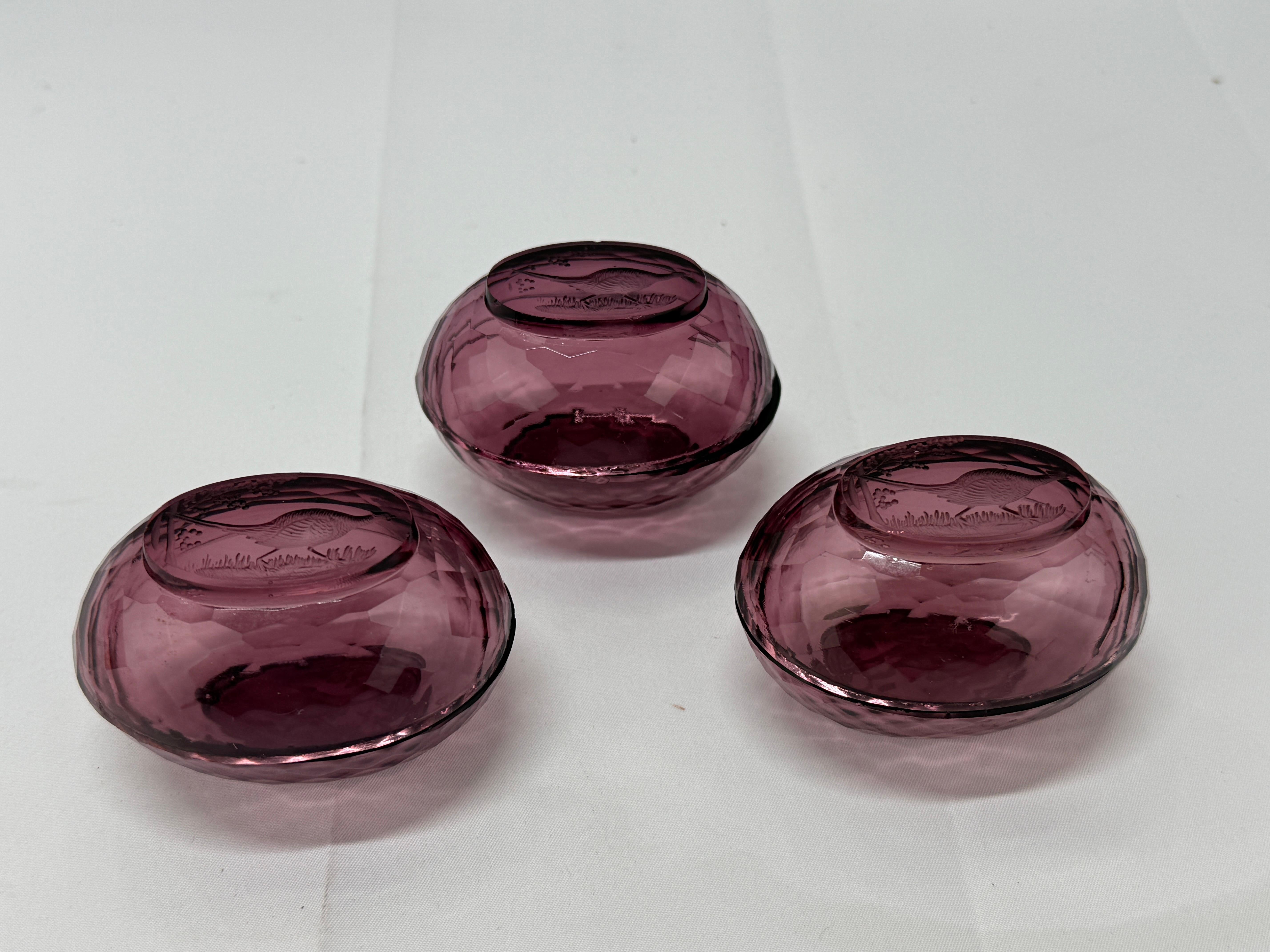 20th Century Set of 6, Amethyst Glass Intaglio Pheasant Cut Open Salt Cellars