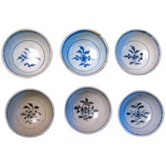 Antique Set of 6 Anamese Blue and White Ceramic Hoi an Hoard Bowls, circa 1500