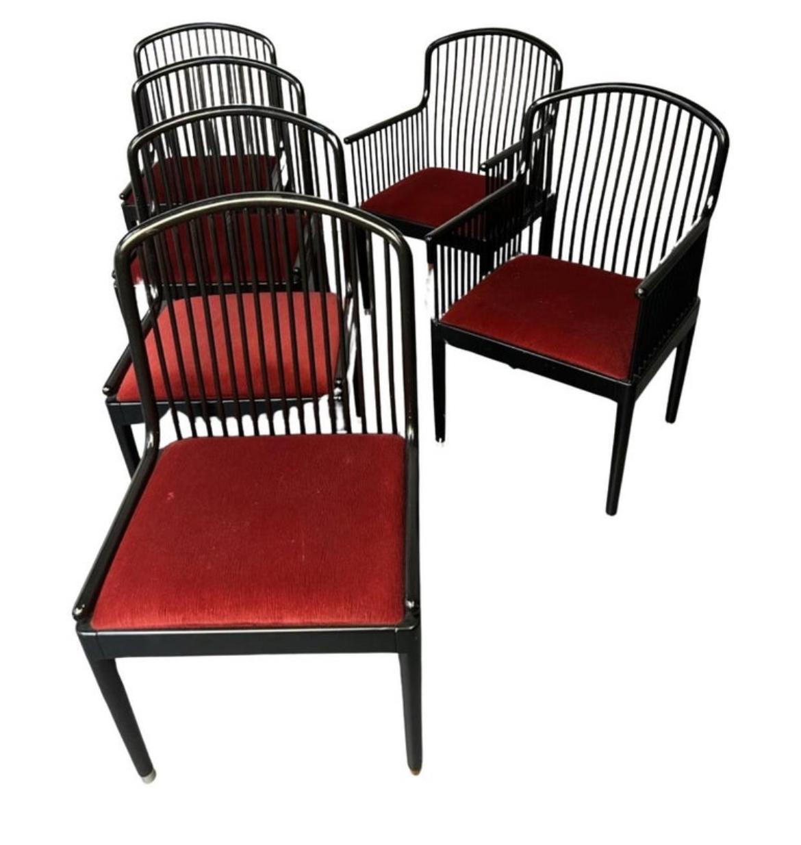 Set of 6 Andover Dining Chairs by Davis Allen for Stendig in black lacquer with red upholstery. Beautiful spindle back design circa 1980 set of (6) chairs with (2) arm chairs (4) side chairs all matching from the same estate. Made in Italy -