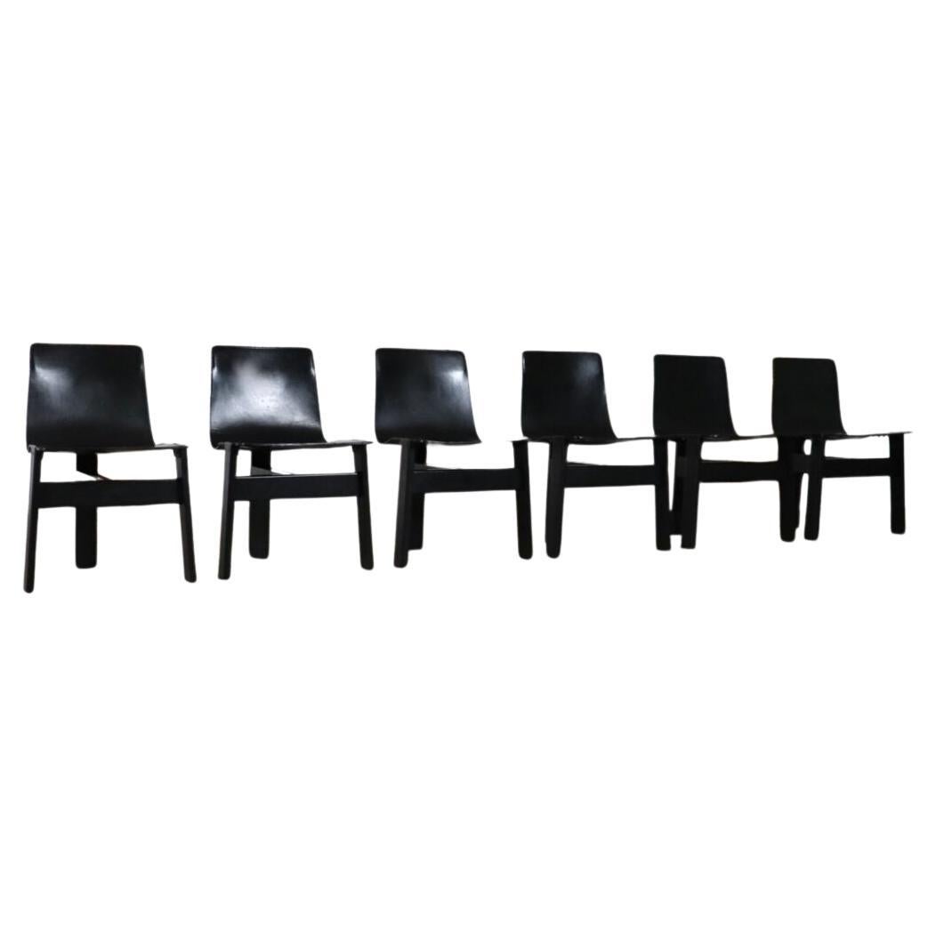 Set of 6 Angelo Mangiarotti Italian Leather and Wood Dining Chairs for Agapecasa For Sale