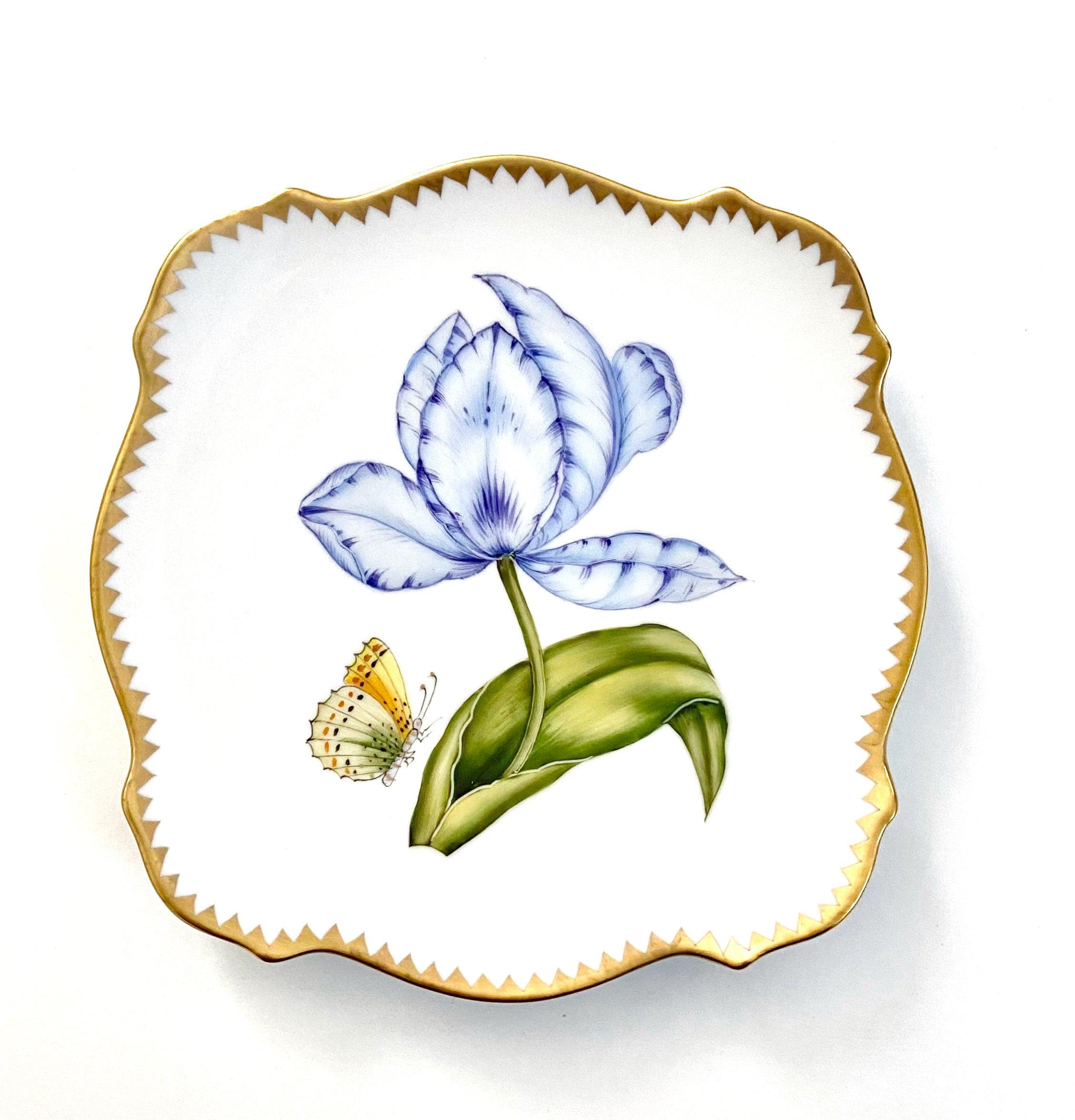 A set of 6 assorted porcelain side plates hand painted in Anna Weatherley’s studio. The designs are inspired by the paintings of Pierre-Joseph Redoute, the 18th century botanical artist. Anna Weatherley established her studio in Budapest, Hungary in