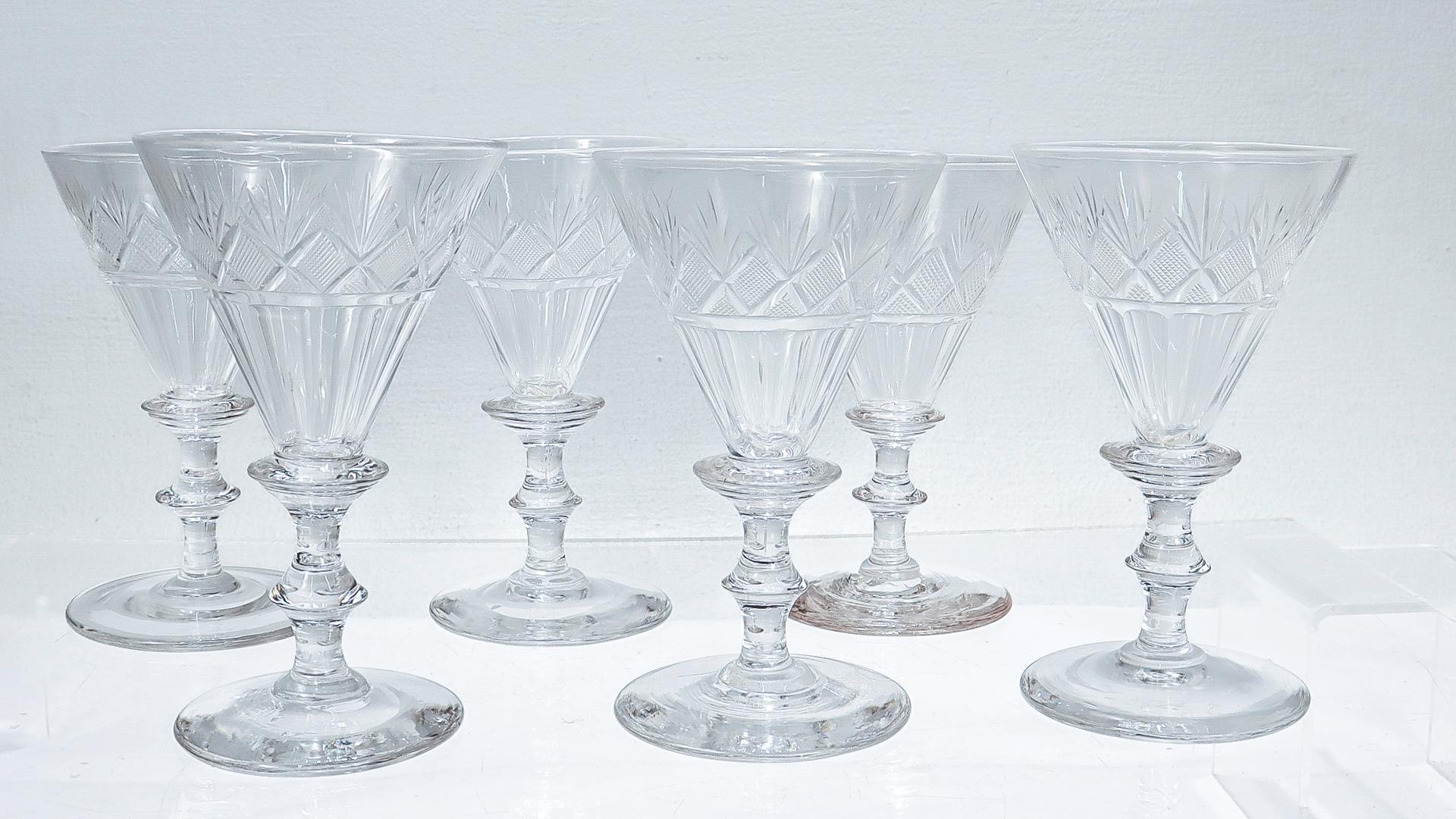 American Empire Set of 6 Antique 19th C Cut Glass Wine Stems or Glasses Attributed to Bakewell For Sale