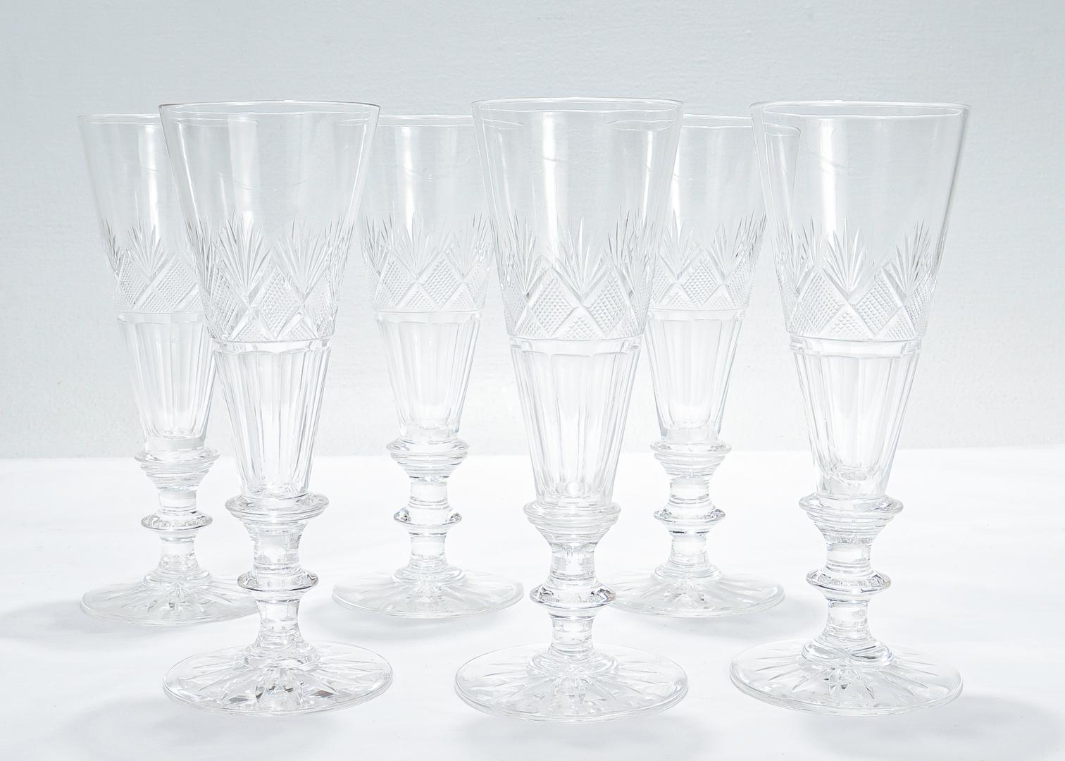 American Classical Set of 6 Antique 19th Century Cut Glass Champagne Flutes Attributed to Bakewell For Sale