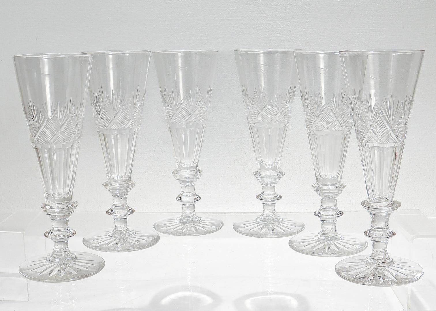 Set of 6 Antique 19th Century Cut Glass Champagne Flutes Attributed to Bakewell In Good Condition For Sale In Philadelphia, PA
