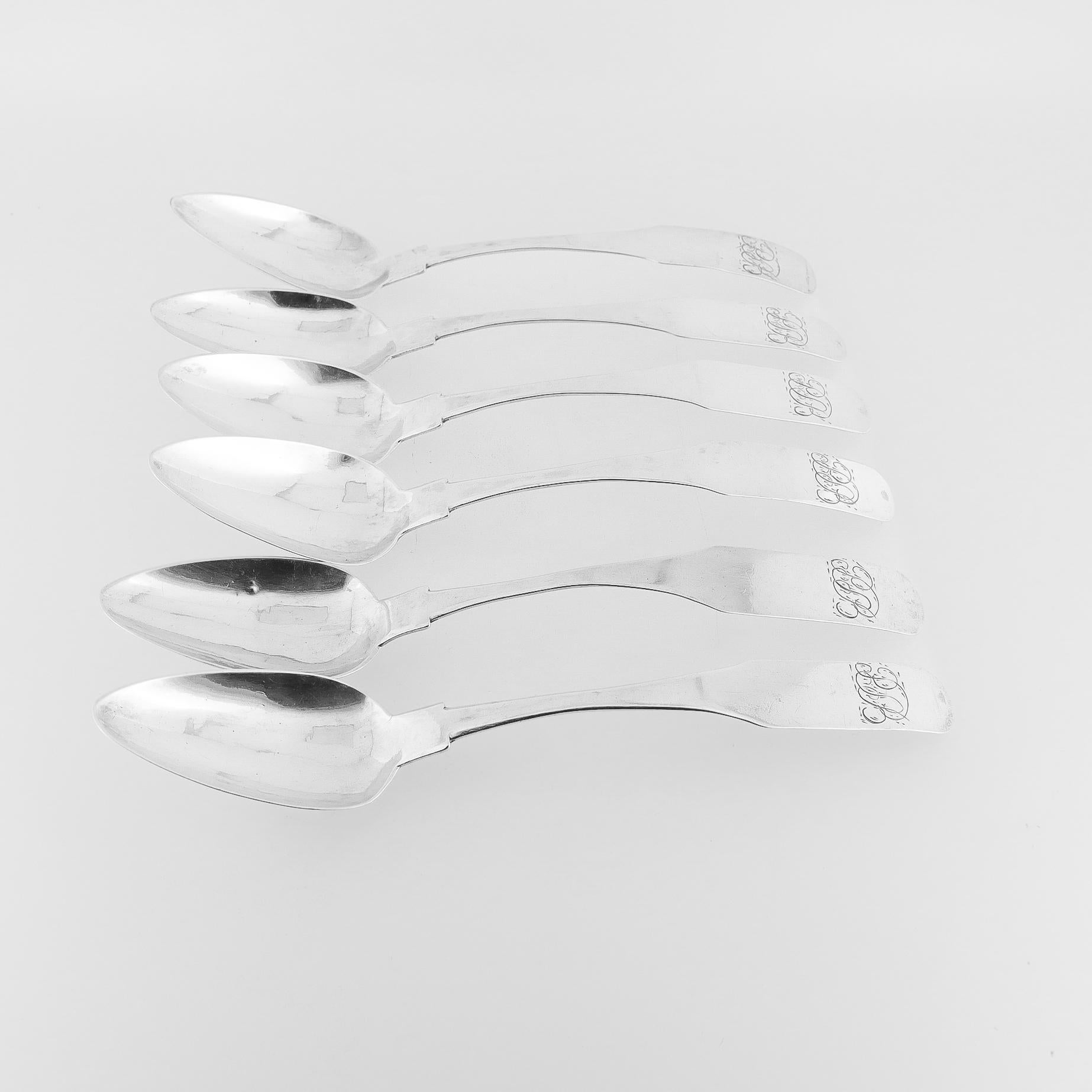 Set of 6 Antique American Monogrammed Coin Silver Teaspoons by Joseph Shoemaker clásico estadounidense en venta
