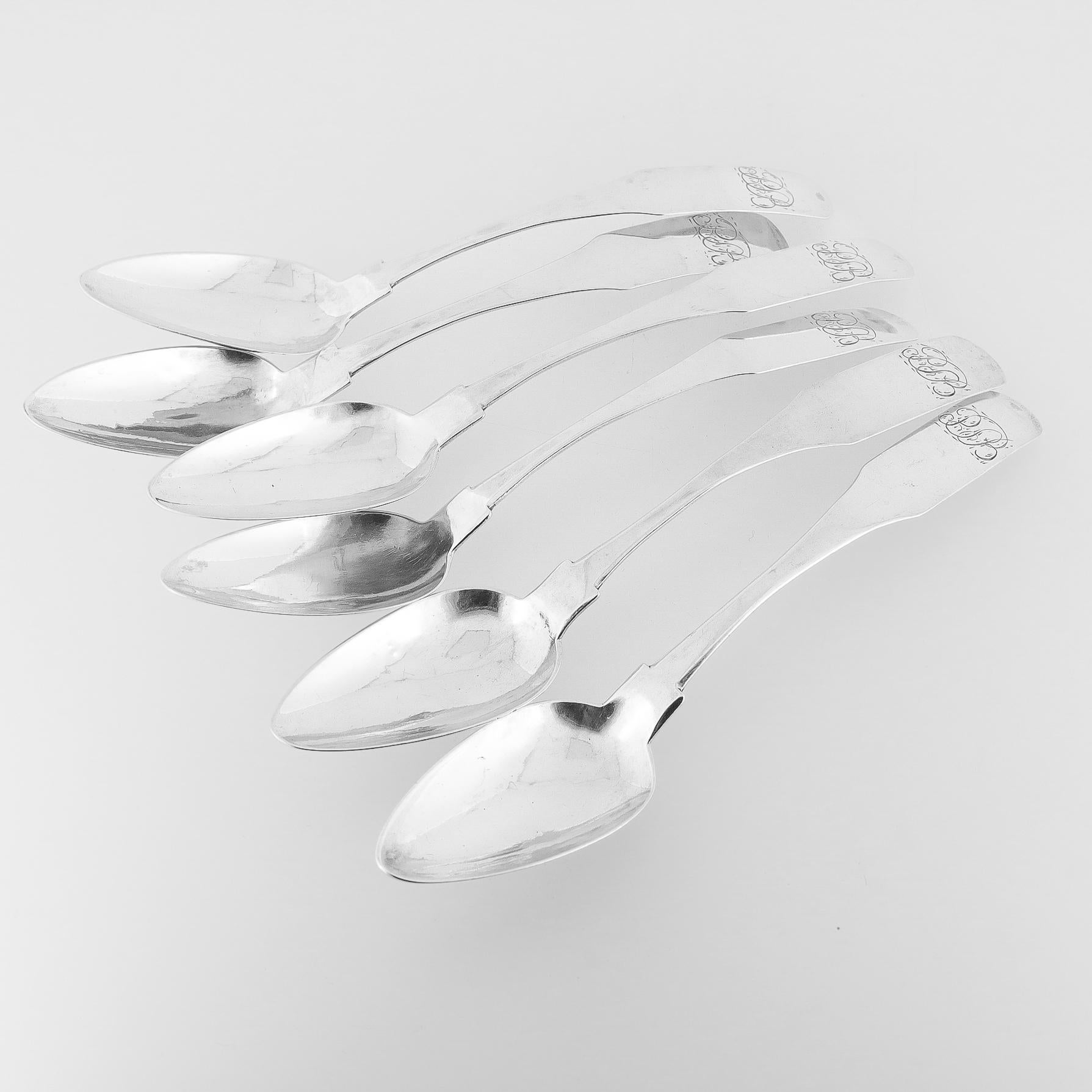 Set of 6 Antique American Monogrammed Coin Silver Teaspoons by Joseph Shoemaker siglo XIX en venta